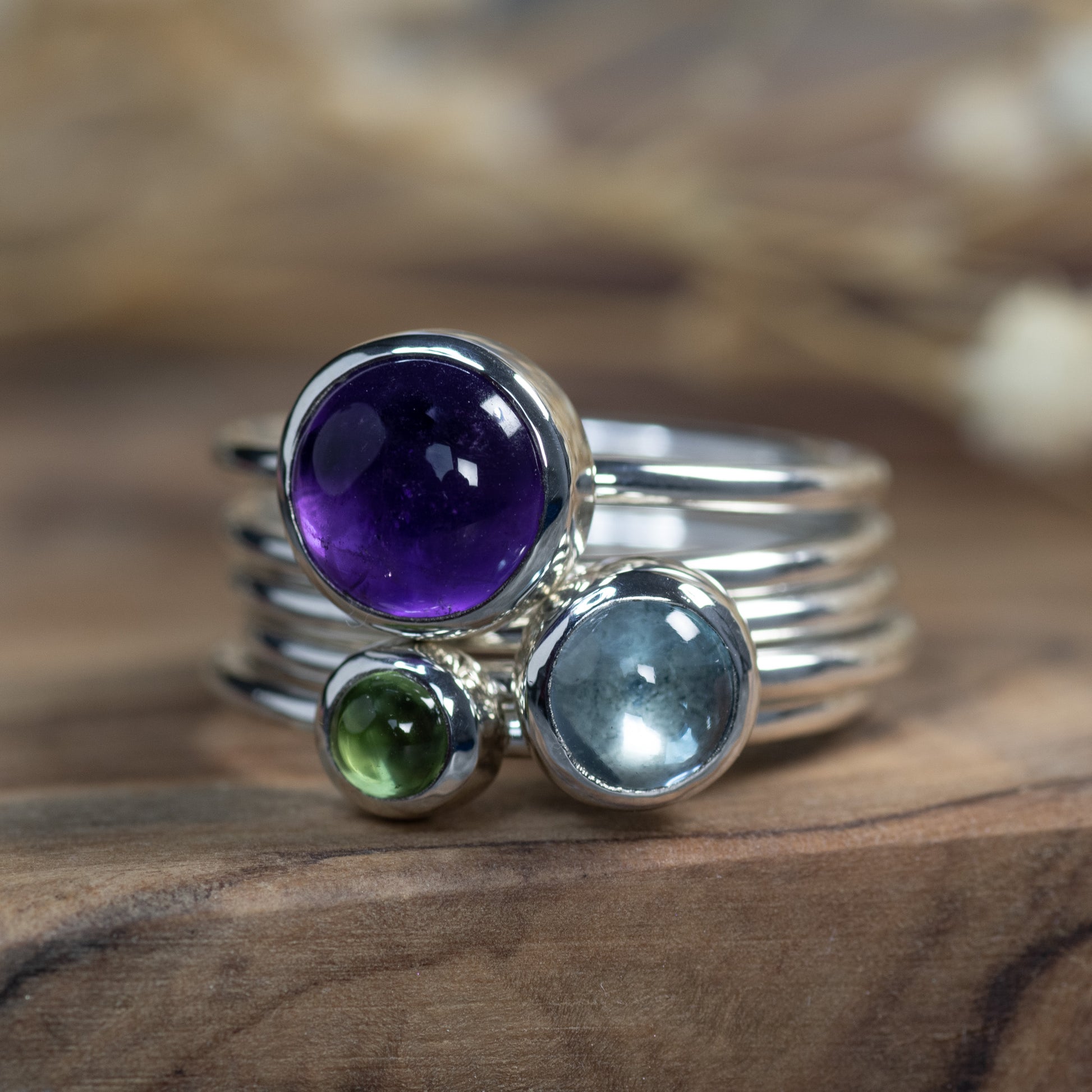 Silver Glade: Amethyst, Blue Topaz & Peridot Stacking Ring Set, Argentium Silver