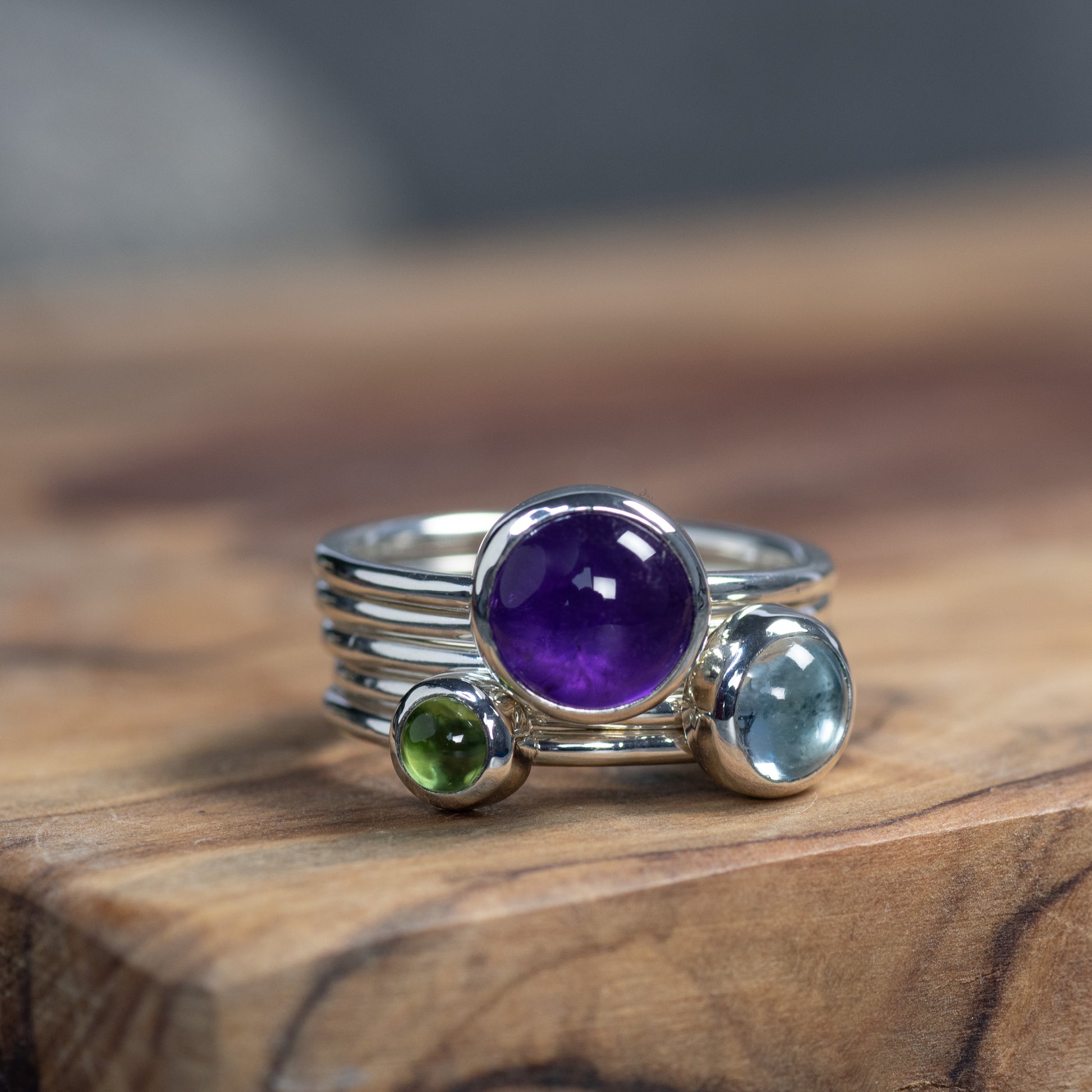 Silver Glade: Amethyst, Blue Topaz & Peridot Stacking Ring Set, Argentium Silver