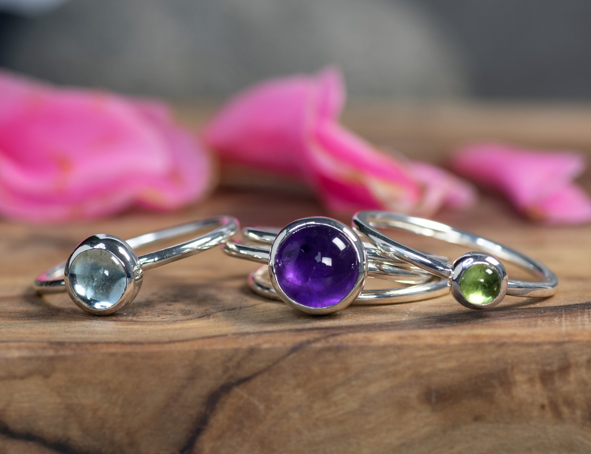 Silver Glade: Amethyst, Blue Topaz & Peridot Stacking Ring Set, Argentium Silver
