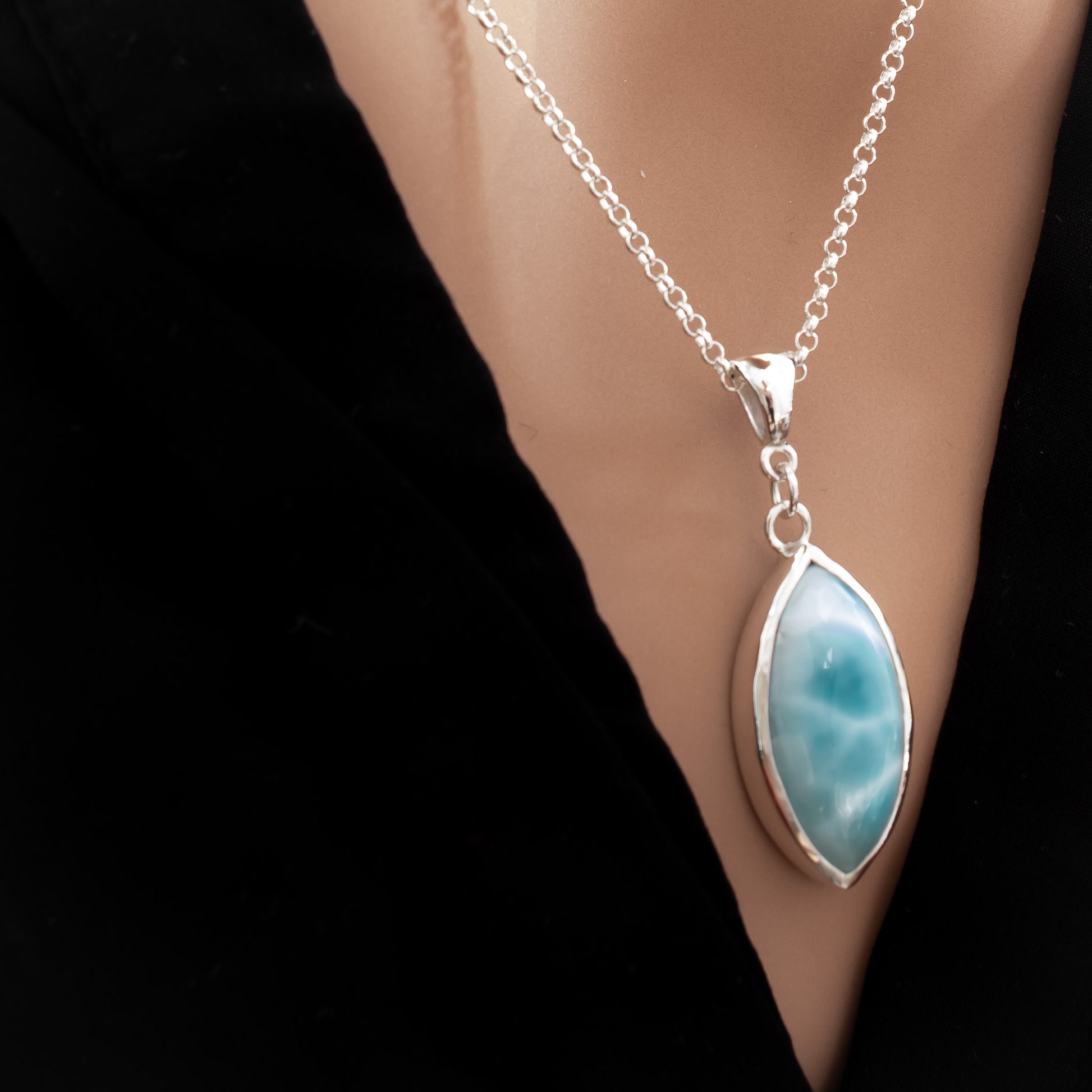 Dominican Larimar Pendant in Argentium Silver, Marquise, One of a Kind