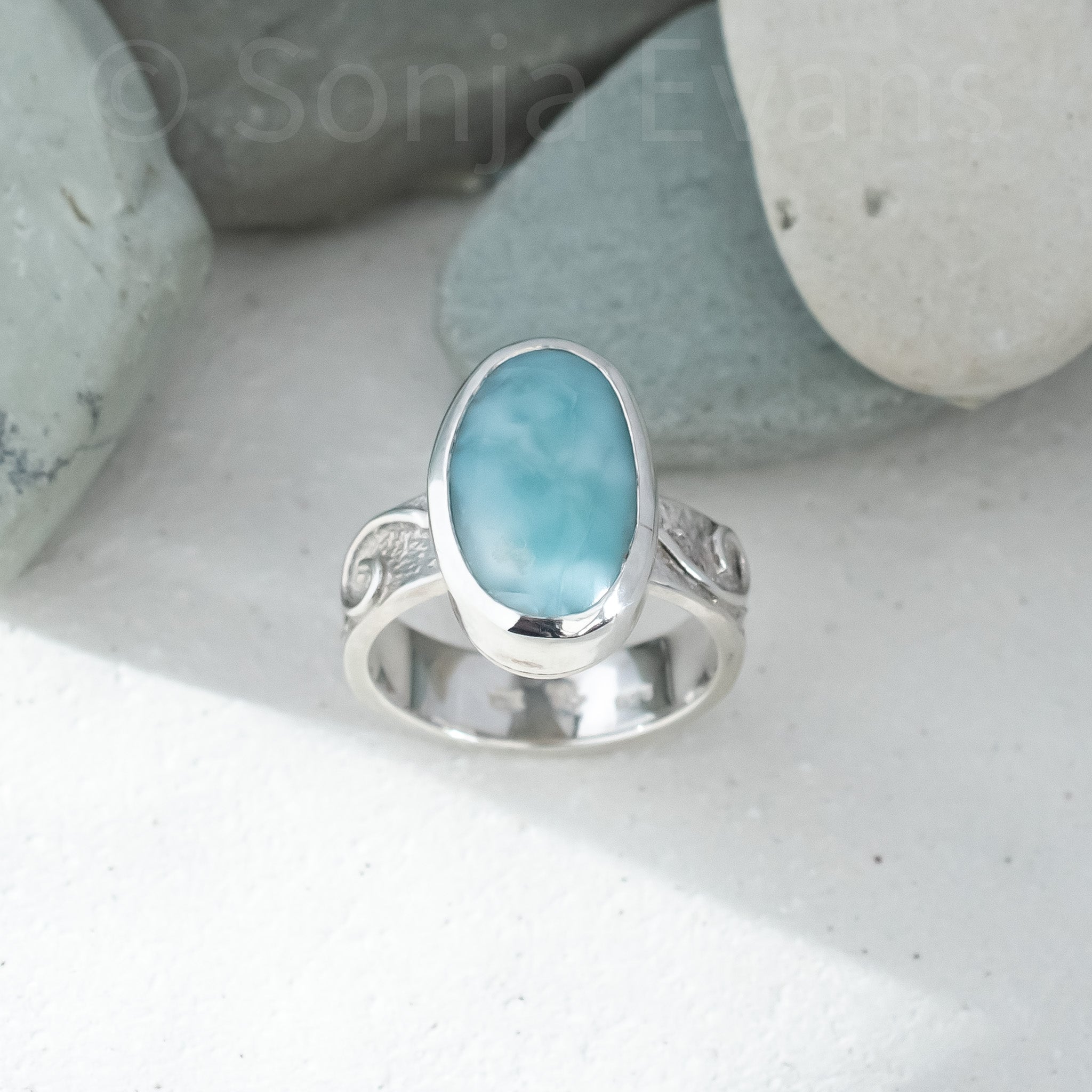 Larimar Ring in Argentium Silver Swirl Band, UK Size O