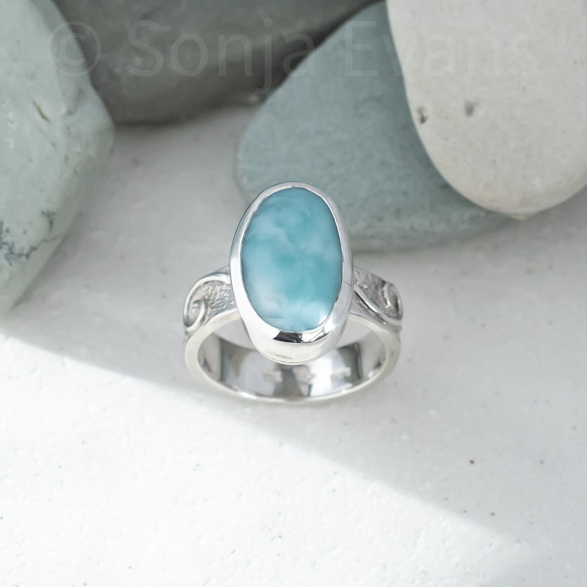 Larimar Ring in Argentium Silver Swirl Band, UK Size O