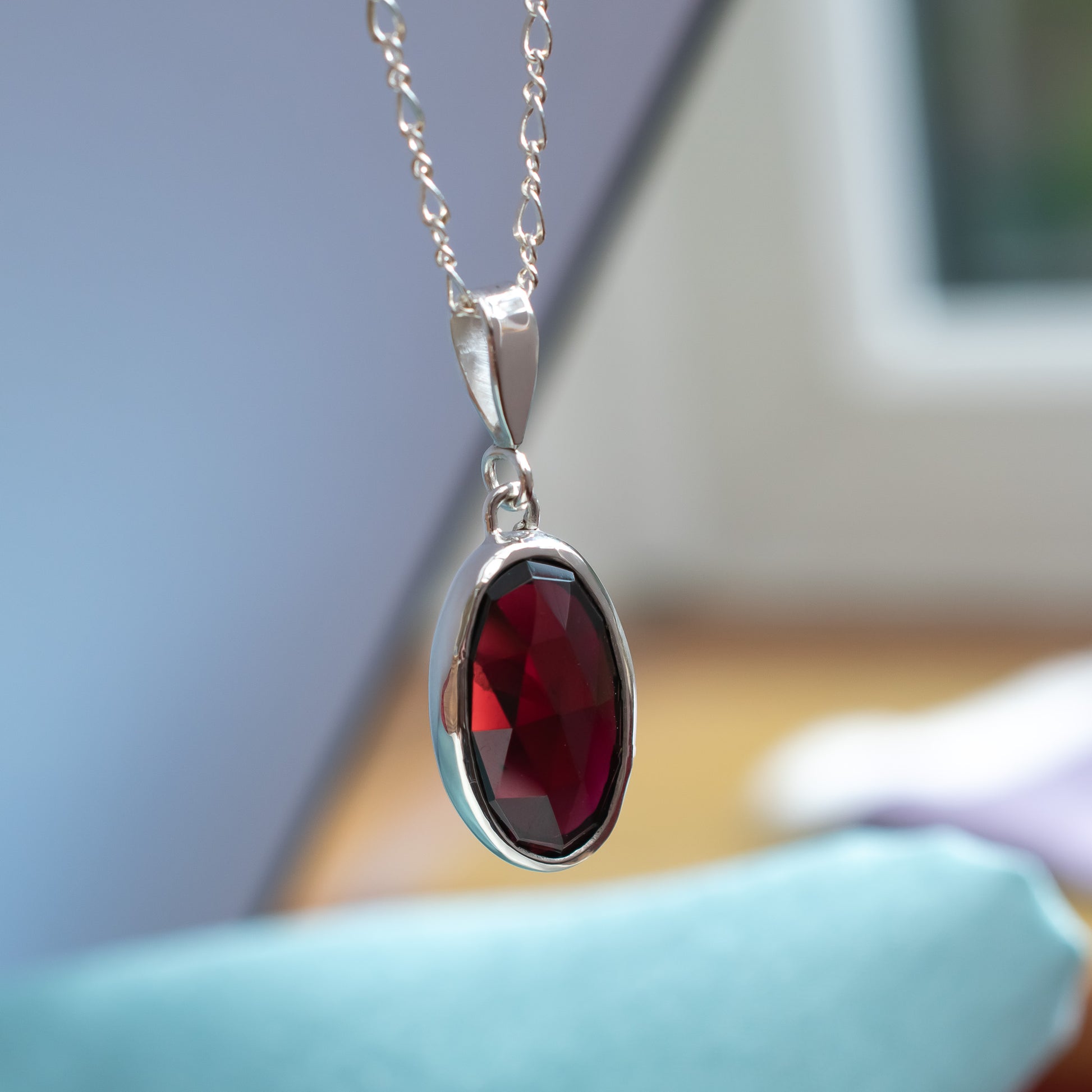 Argentium Silver Pendant with Garnet & Figure of Eight Chain