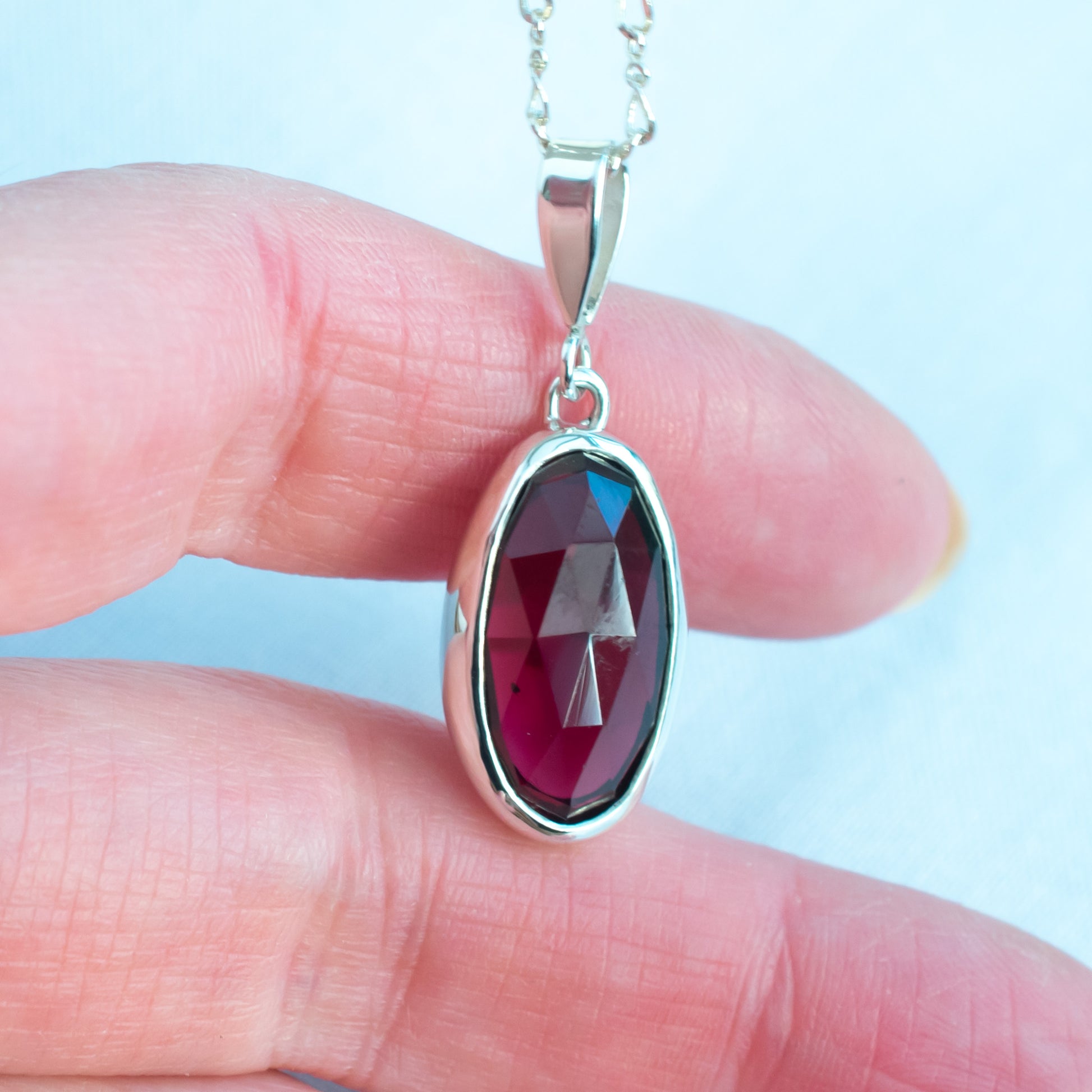 Argentium Silver Pendant with Garnet & Figure of Eight Chain