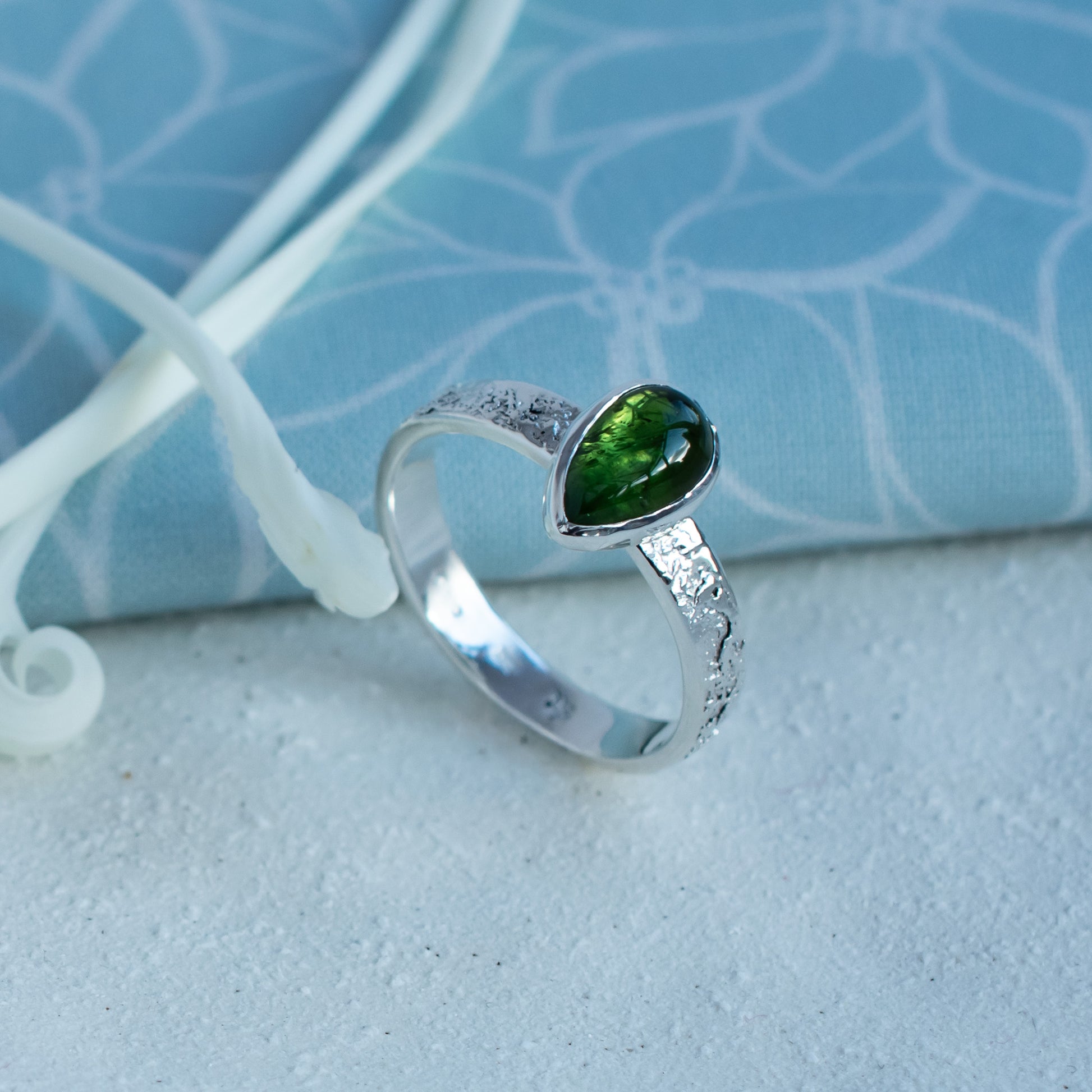 One of a Kind Green Tourmaline Ring in Argentium Silver – Size T