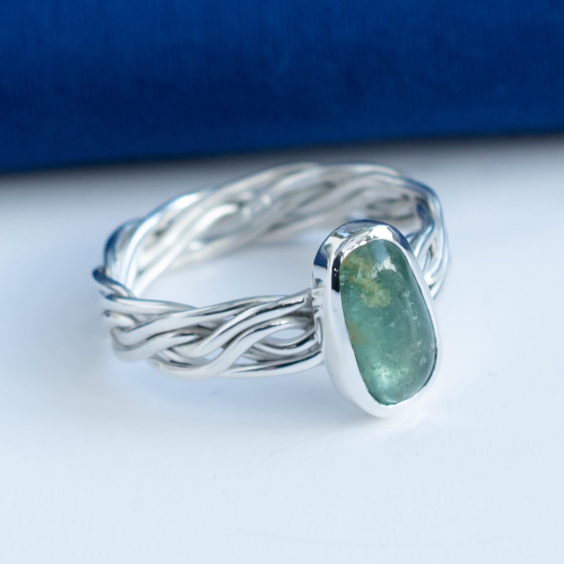 Mint Green Tourmaline Woven Argentium Silver Ring, One of a Kind, Size Q