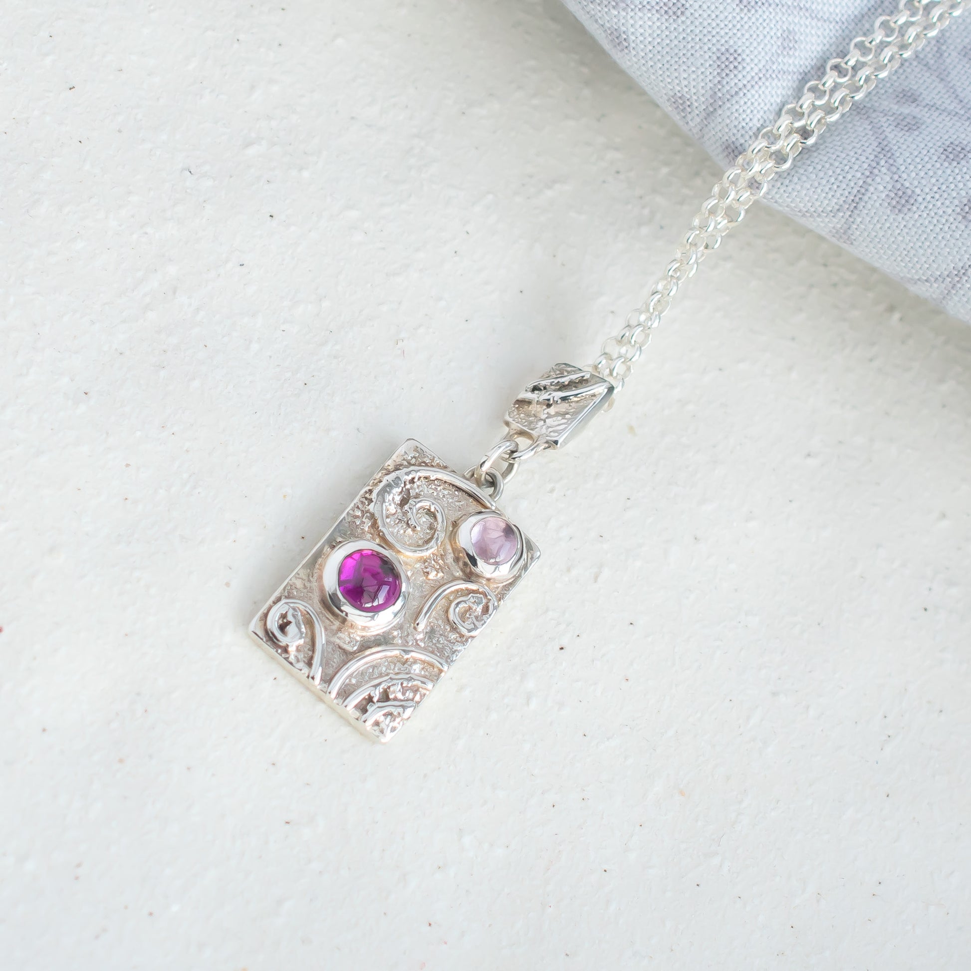 Pink Tourmaline & Argentium Silver Swirl Tile Necklace – One of a Kind