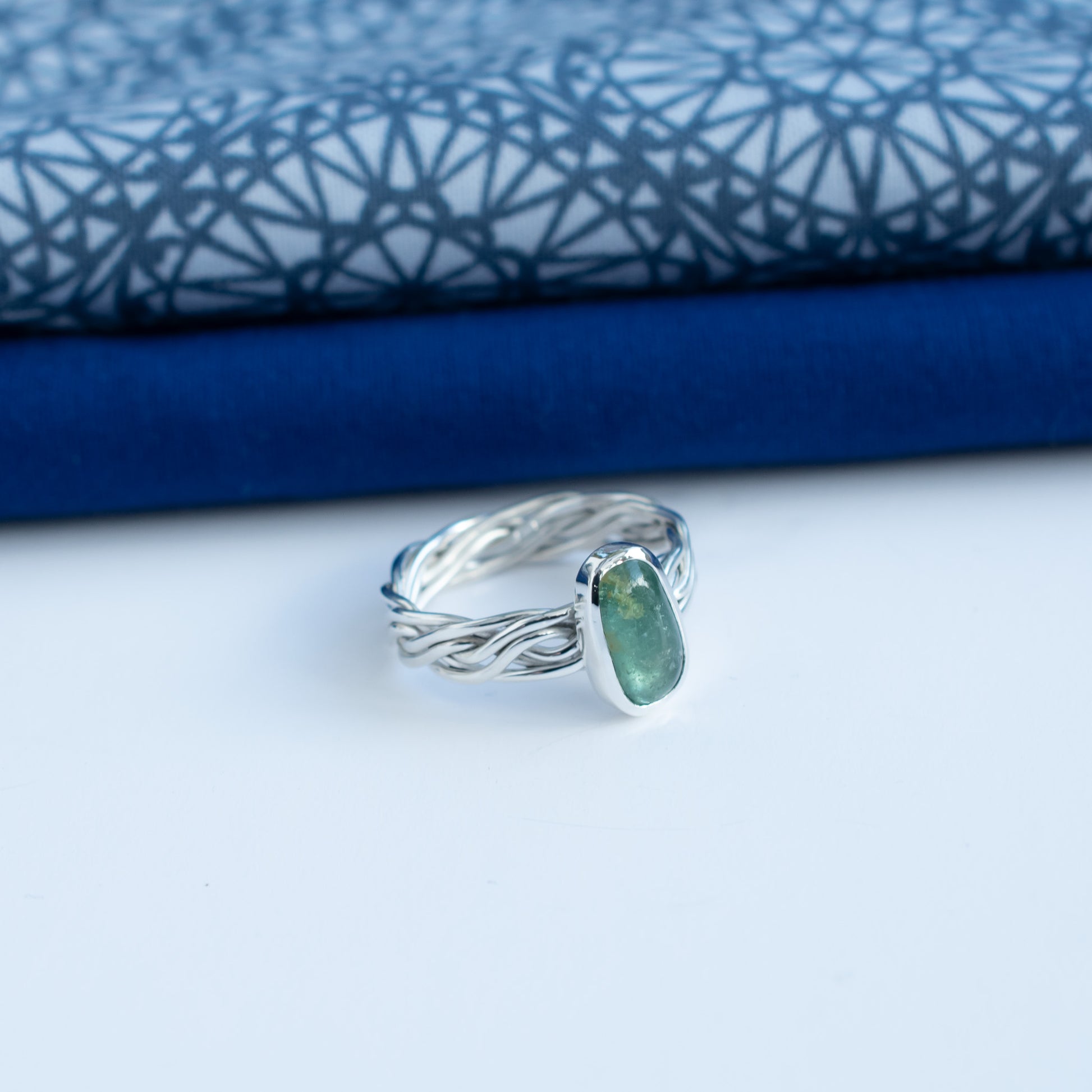 Mint Green Tourmaline Woven Argentium Silver Ring, One of a Kind, Size Q
