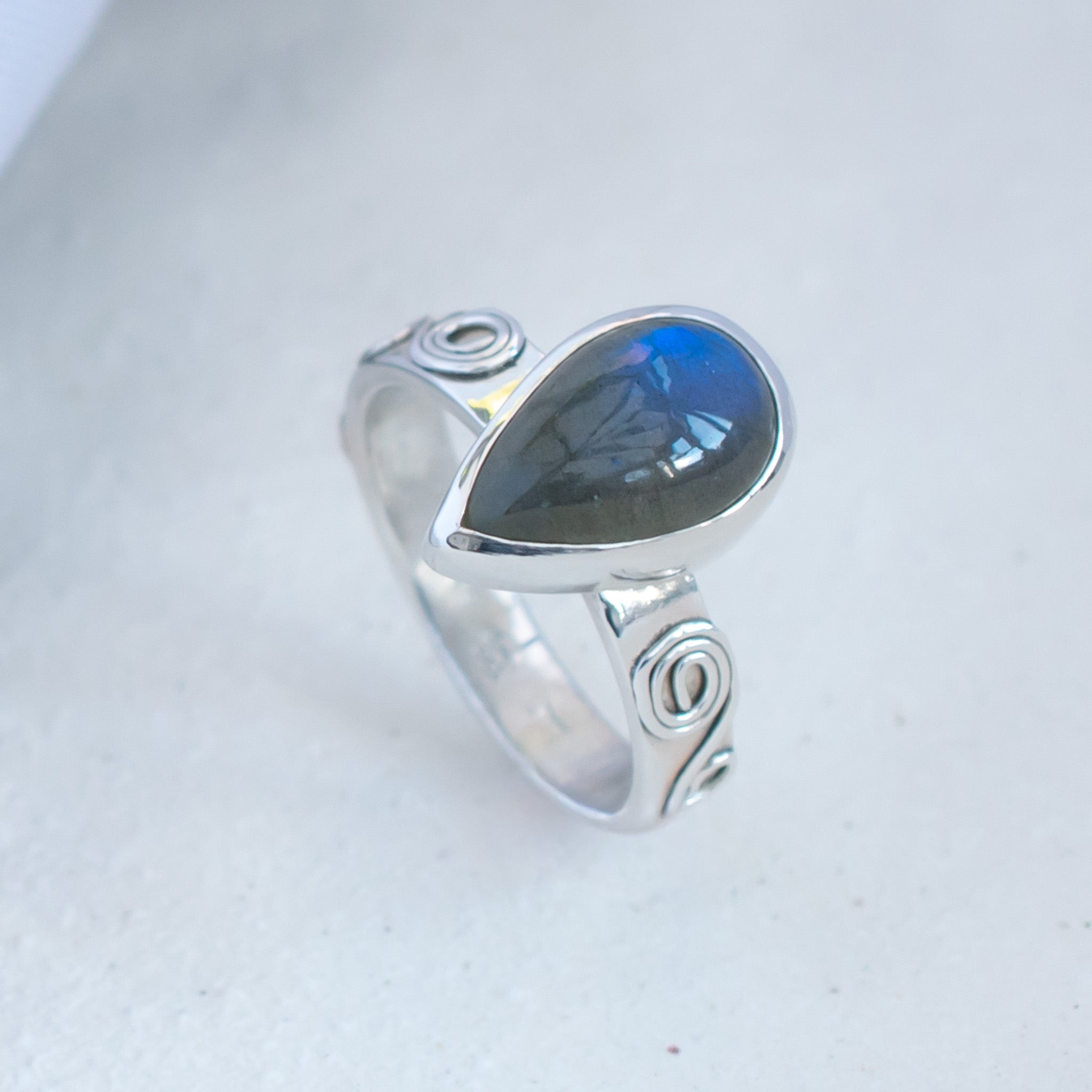 Labradorite Ring in Argentium Silver Swirled Band, Size O