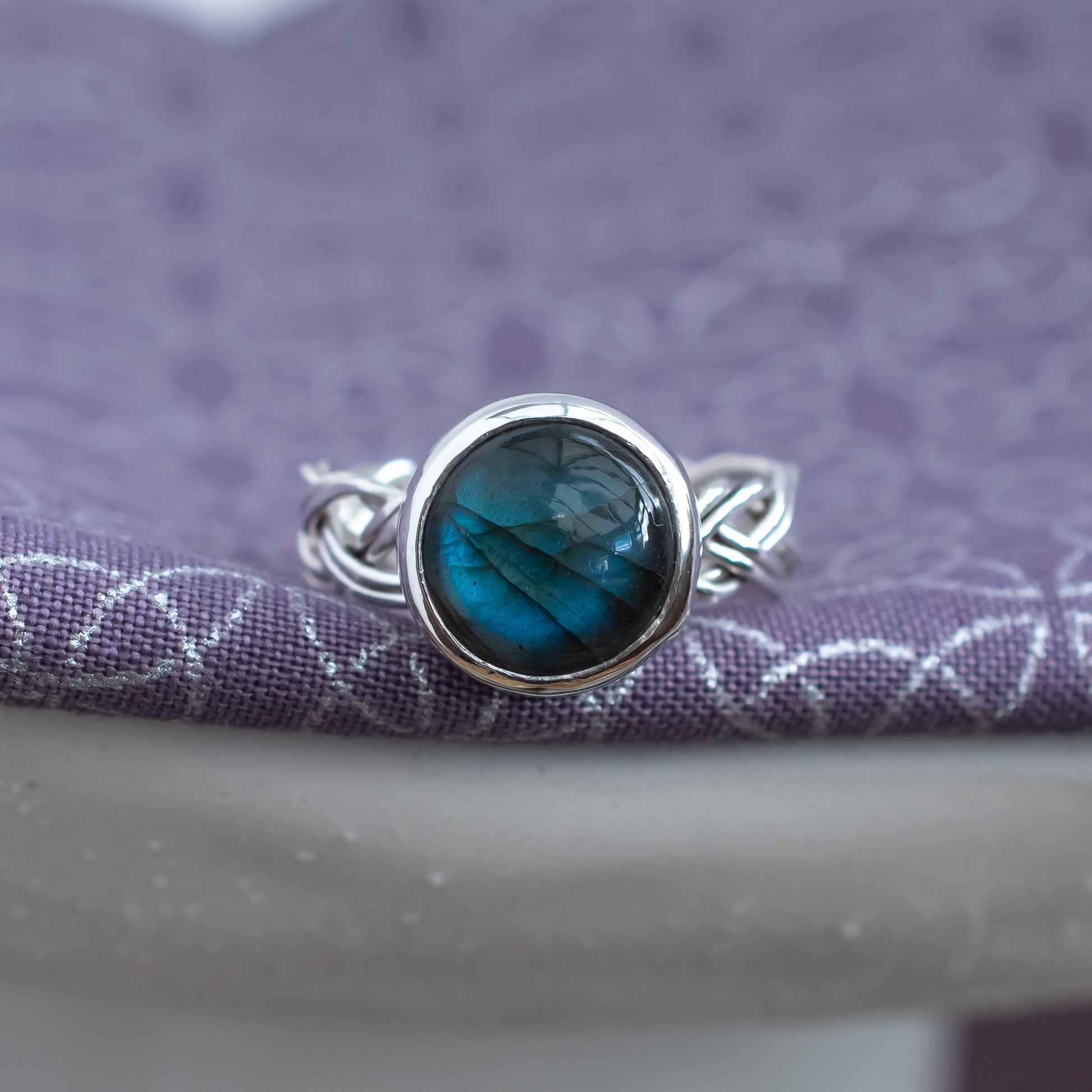 Celtic Braided Ring Band,  Blue Labradorite, UK Size Q