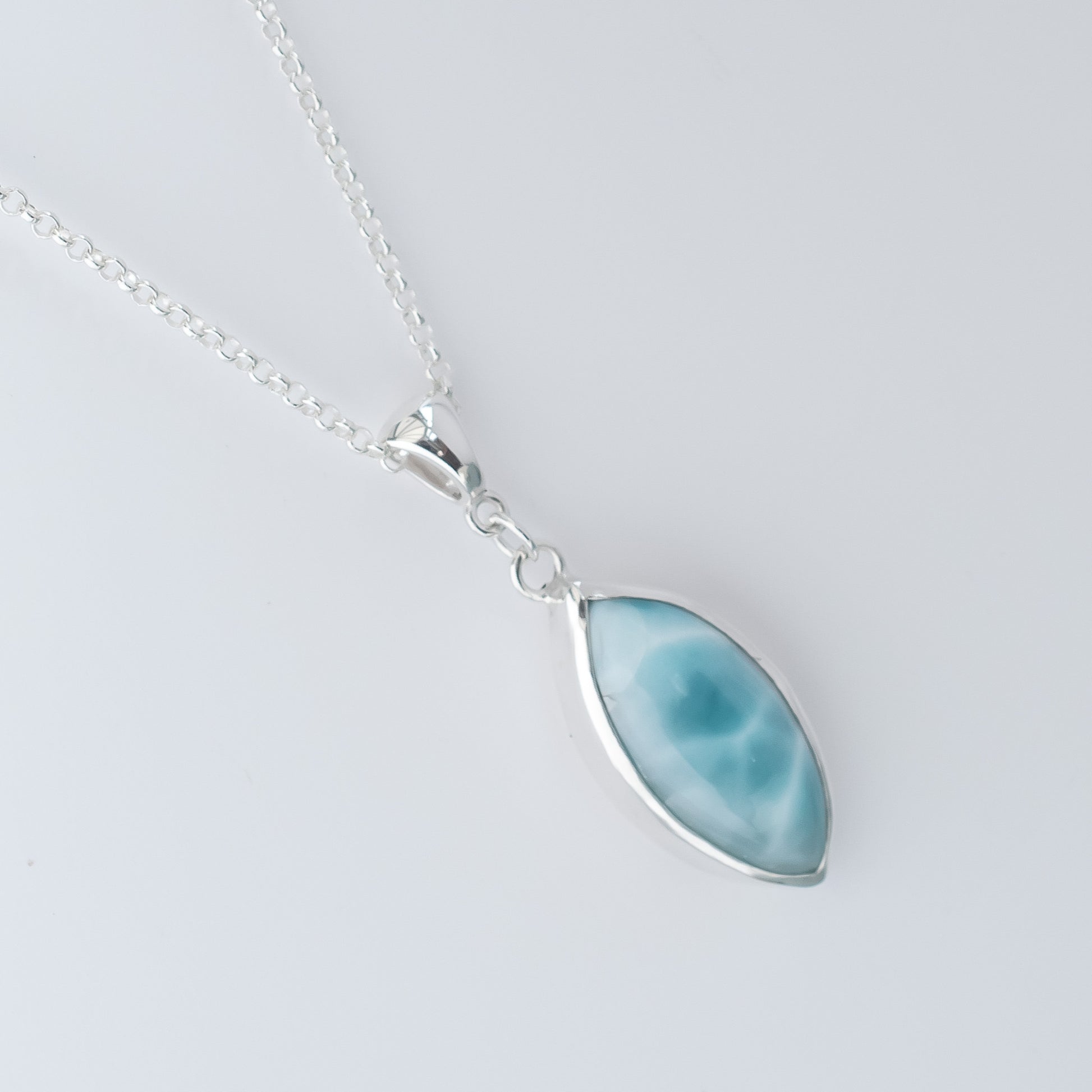 Dominican Larimar Pendant in Argentium Silver, Marquise, One of a Kind