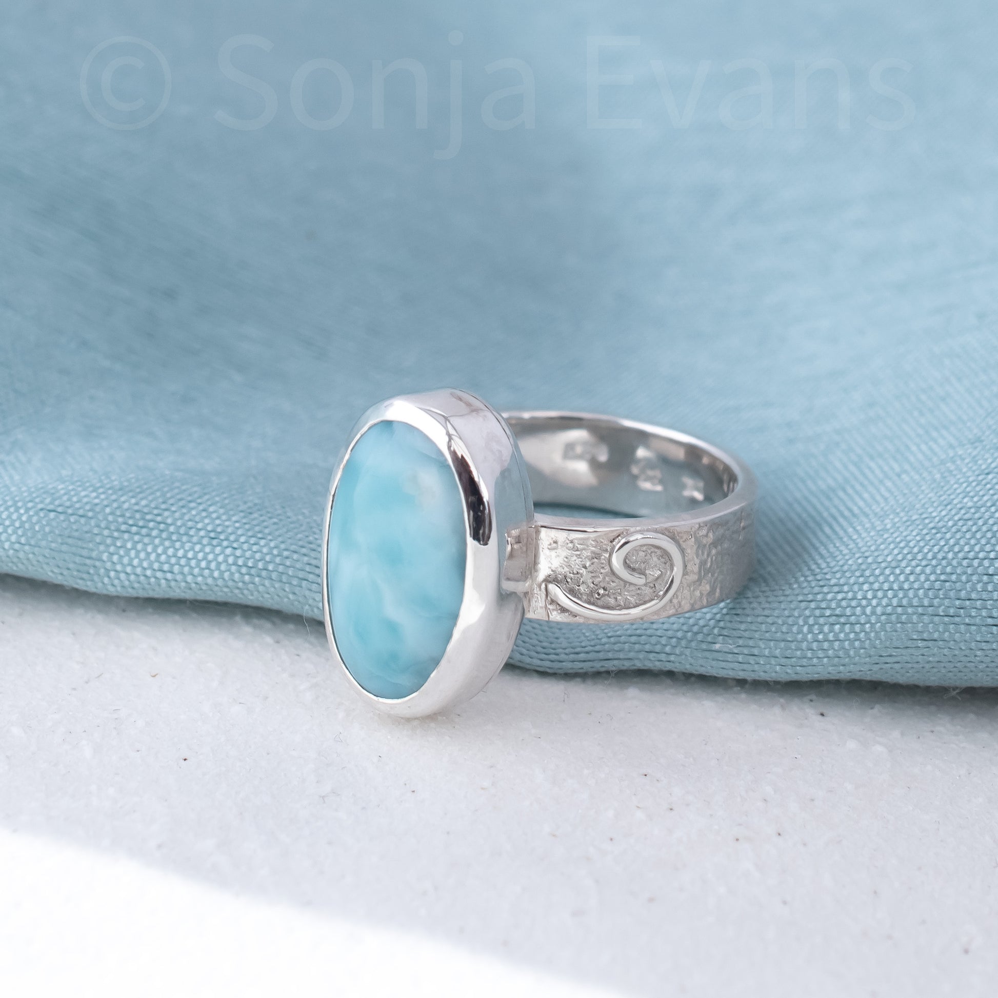 Larimar Ring in Argentium Silver Swirl Band, UK Size O