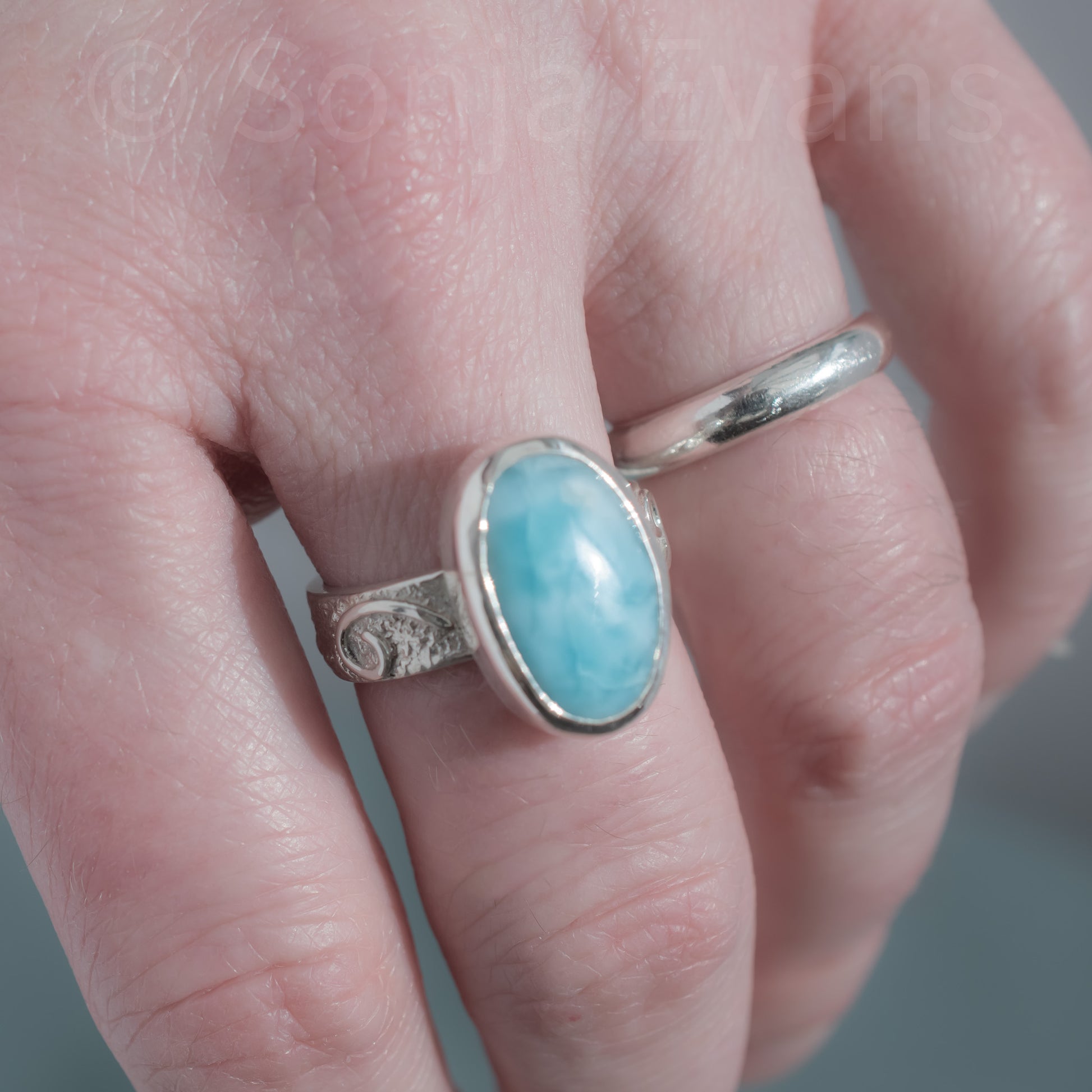 Larimar Ring in Argentium Silver Swirl Band, UK Size O