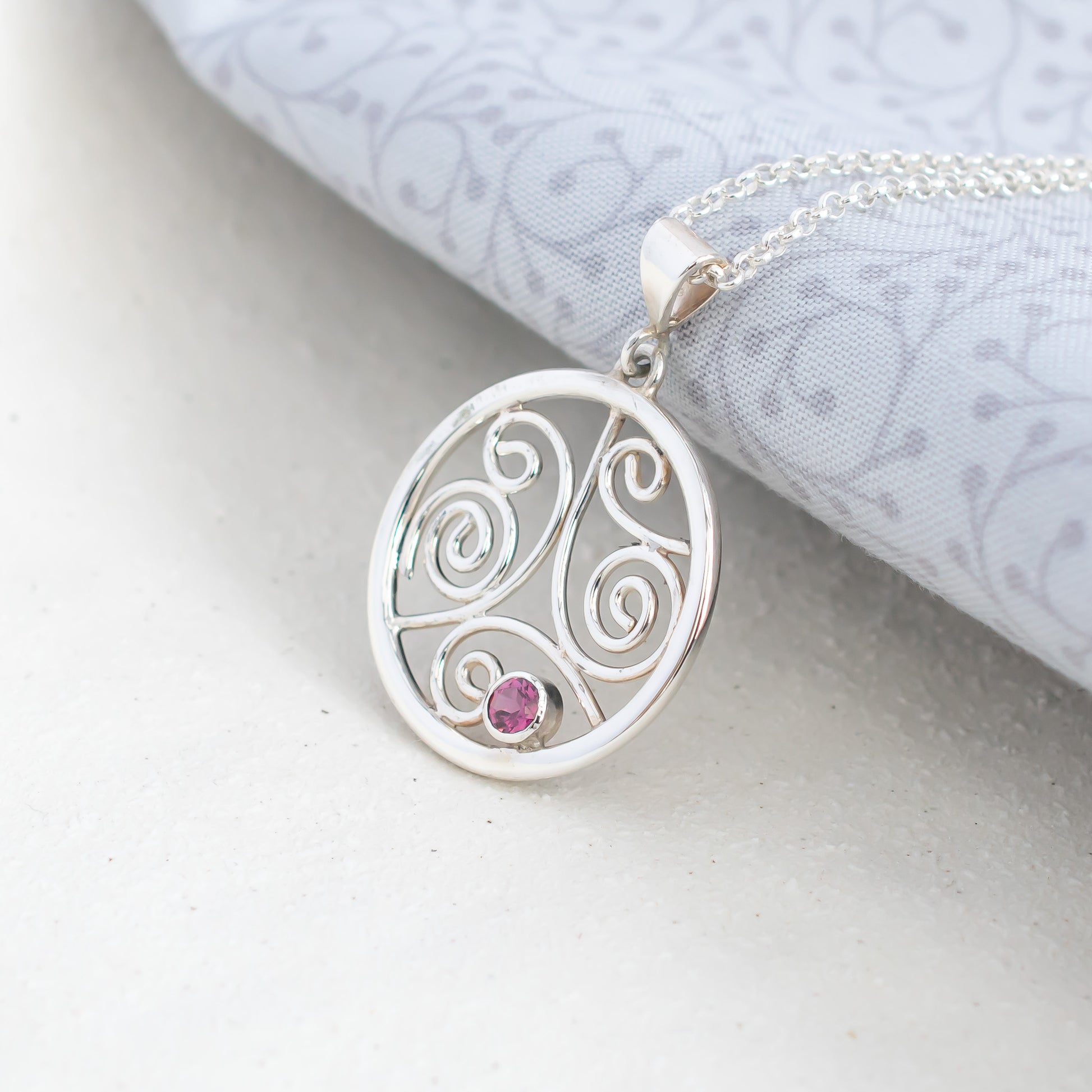 'Love' Celtic Circle Pendant with Pink Garnet & Silver Swirls