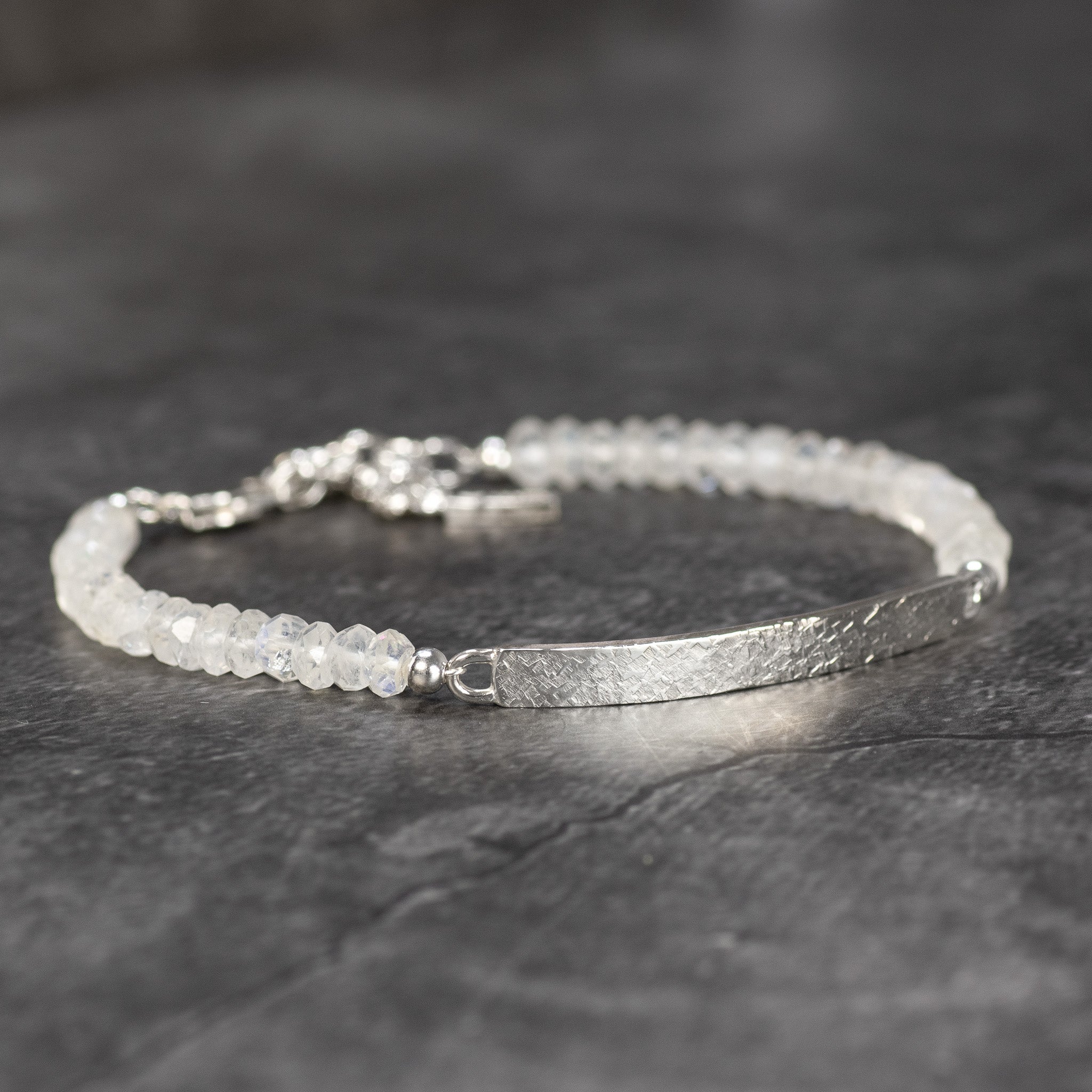 Natural Moonstone bracelet with handmade textured silver bar