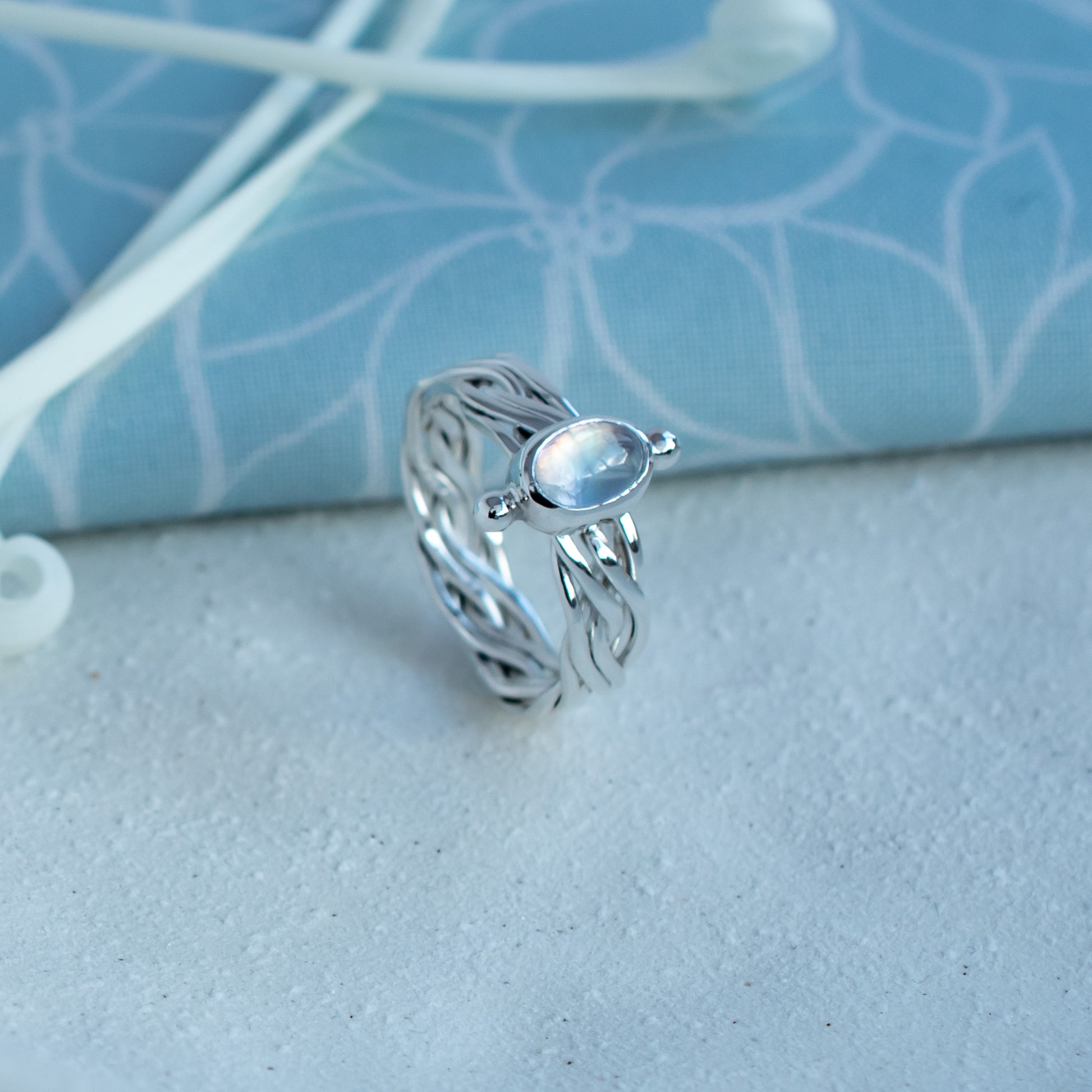 Celtic Fine Moonstone with woven ring band in SIZE L