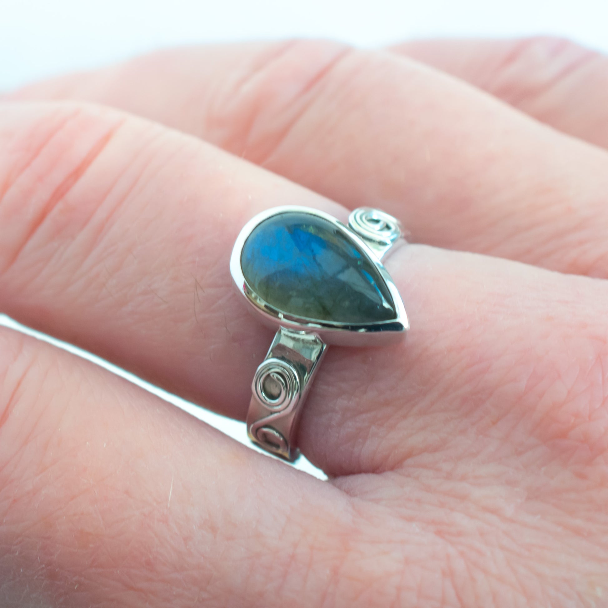 Labradorite Ring in Argentium Silver Swirled Band, Size O
