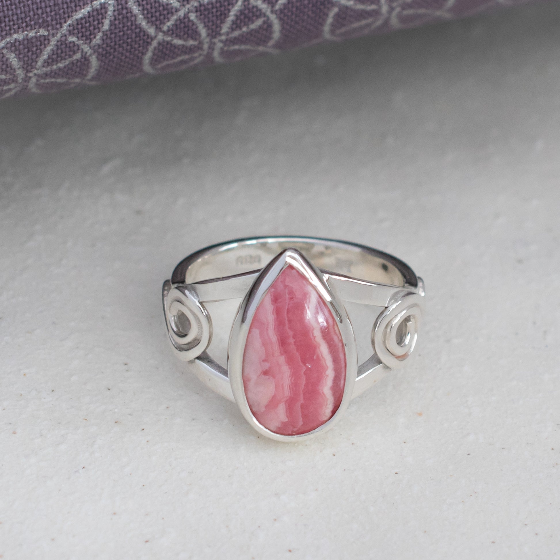 Rhodochrosite Ring in Celtic Swirl Argentium Silver band, UK size O ½