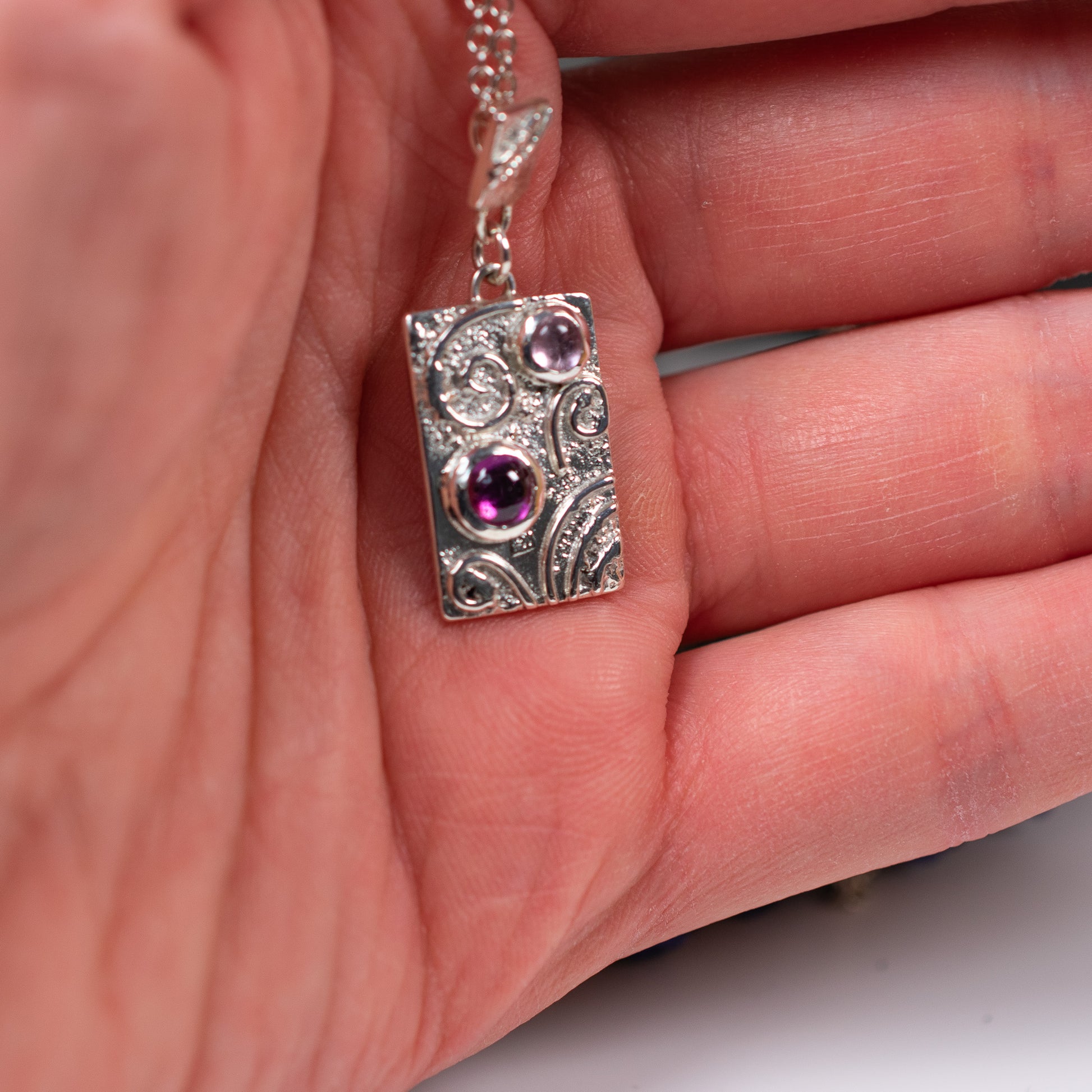 Pink Tourmaline & Argentium Silver Swirl Tile Necklace – One of a Kind