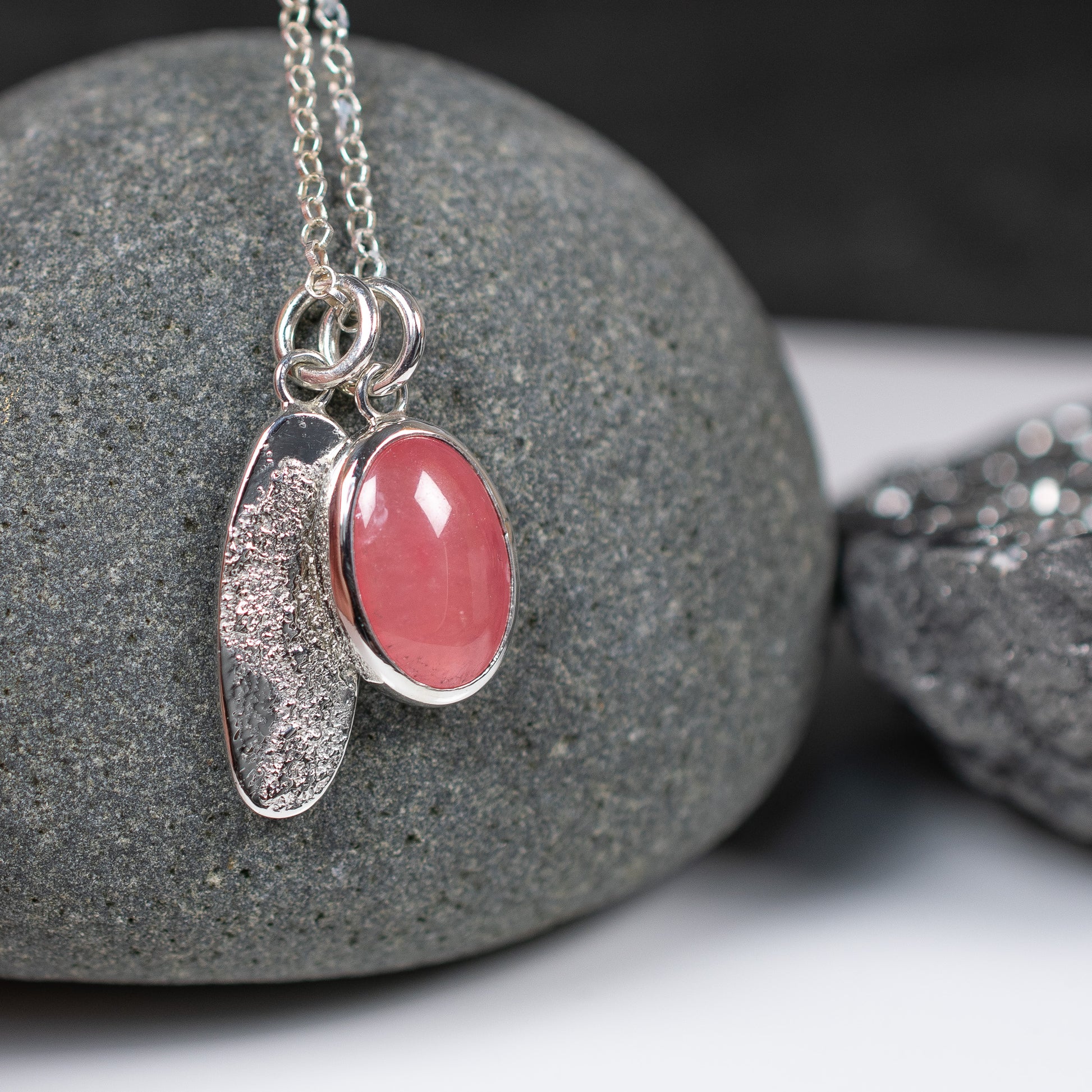 Argentium Silver Charm Necklace with Pink Rhodochrosite