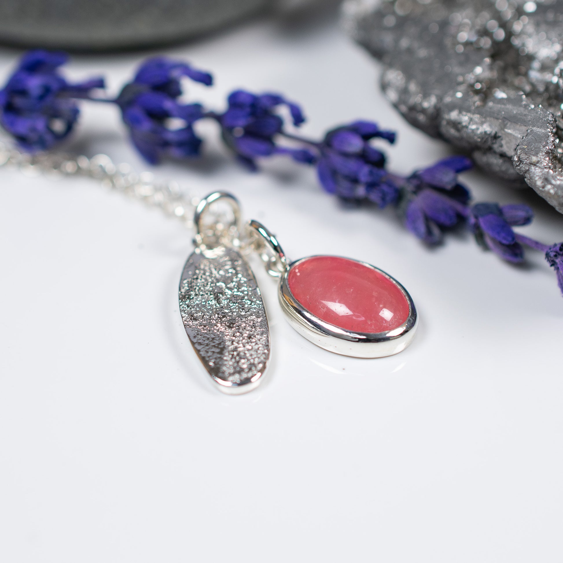 Argentium Silver Charm Necklace with Pink Rhodochrosite