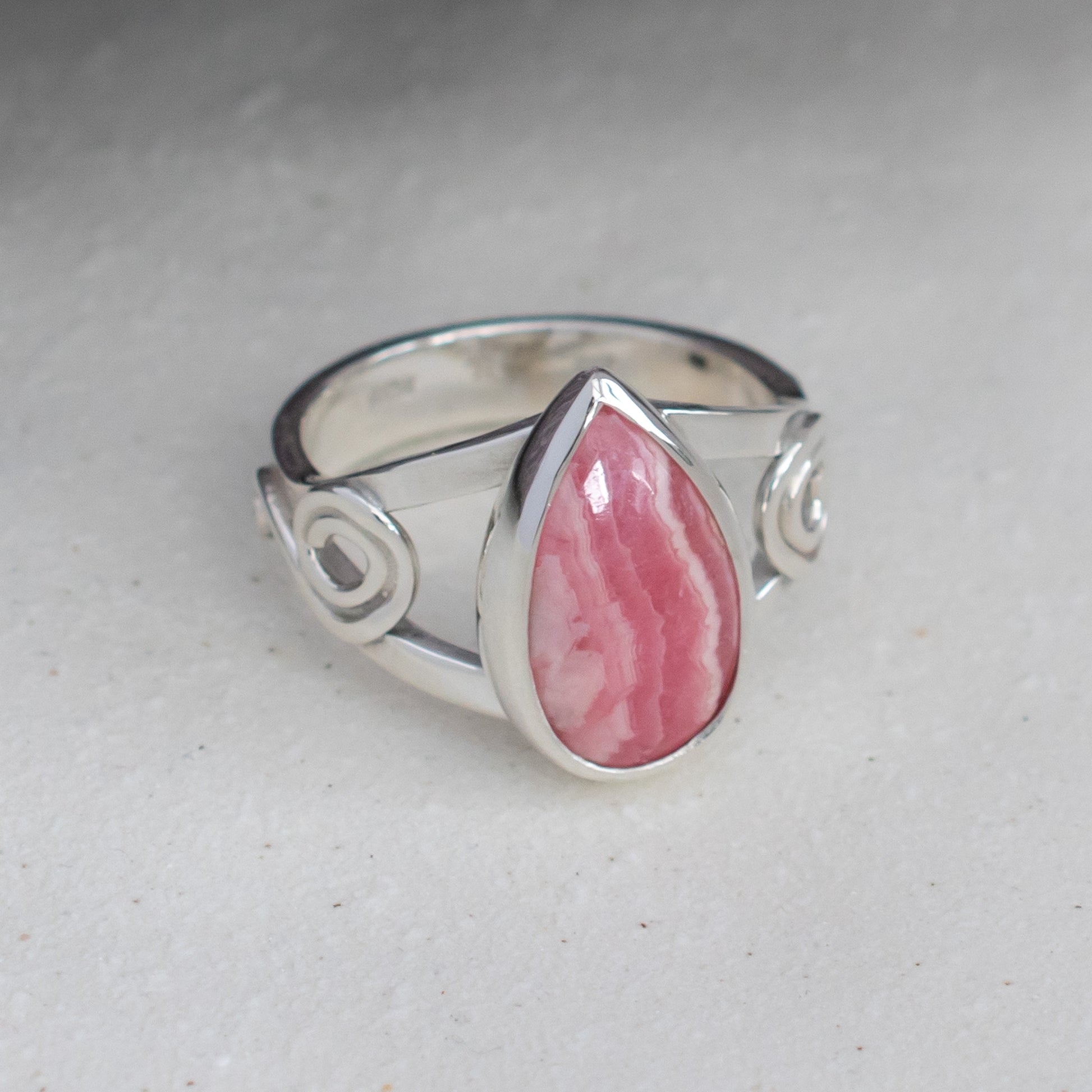 Rhodochrosite Ring in Celtic Swirl Argentium Silver band, UK size O ½