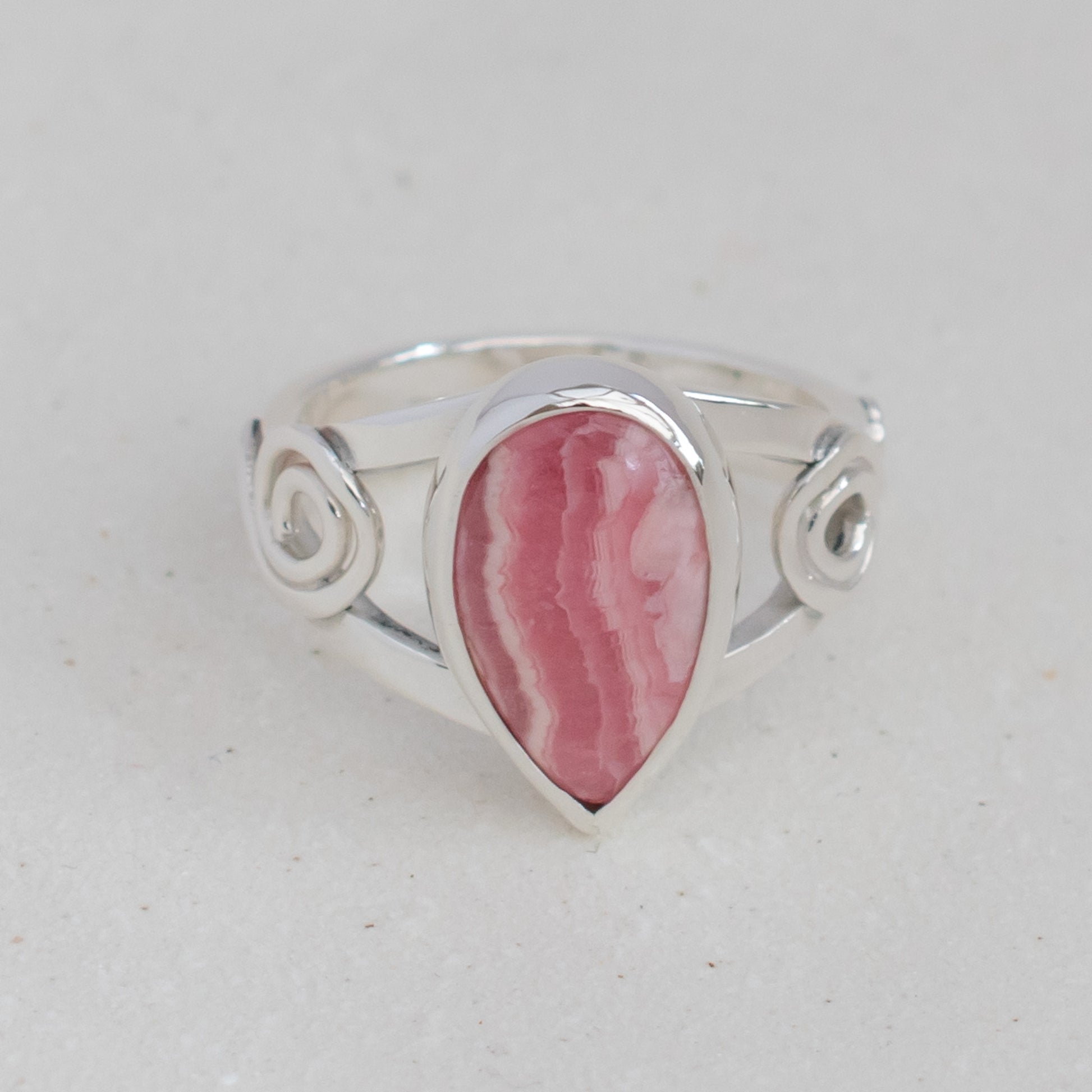 Rhodochrosite Ring in Celtic Swirl Argentium Silver band, UK size O ½