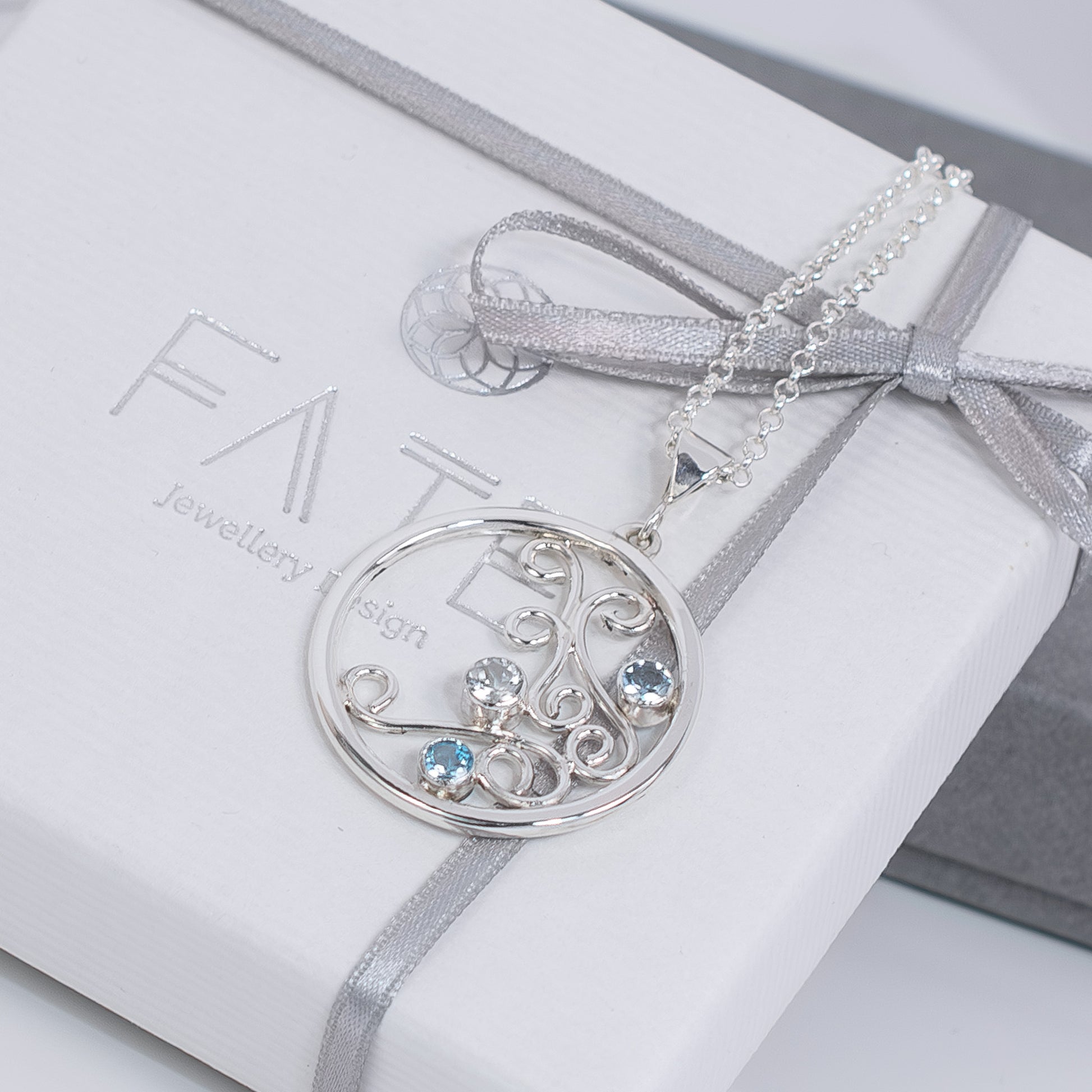 'Winters Deep' Argentium Silver Swirl Pendant  Aquamarine, Apatite & Topaz Gemstones