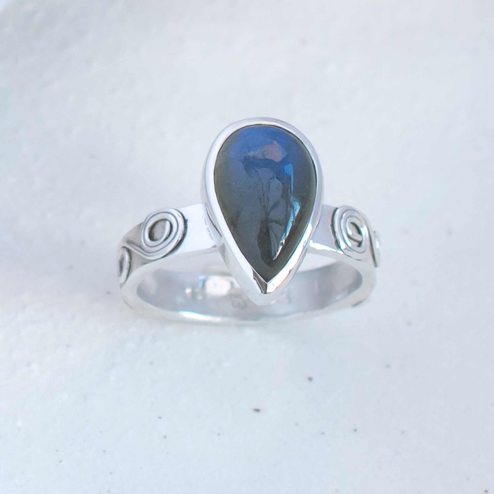 Labradorite Ring in Argentium Silver Swirled Band, Size O