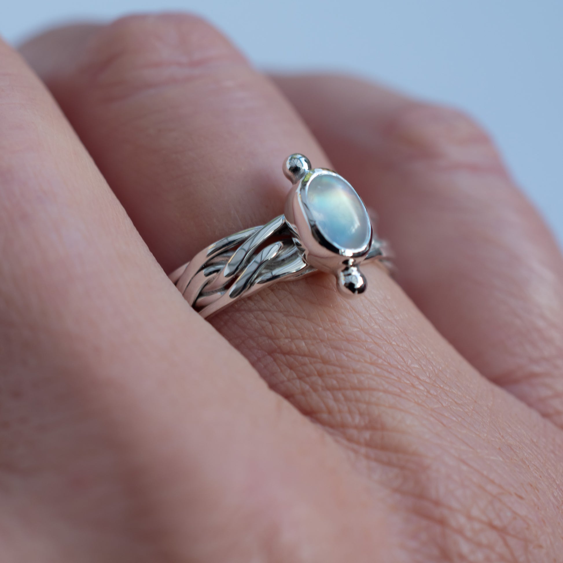 Celtic Fine Moonstone with woven ring band in SIZE L