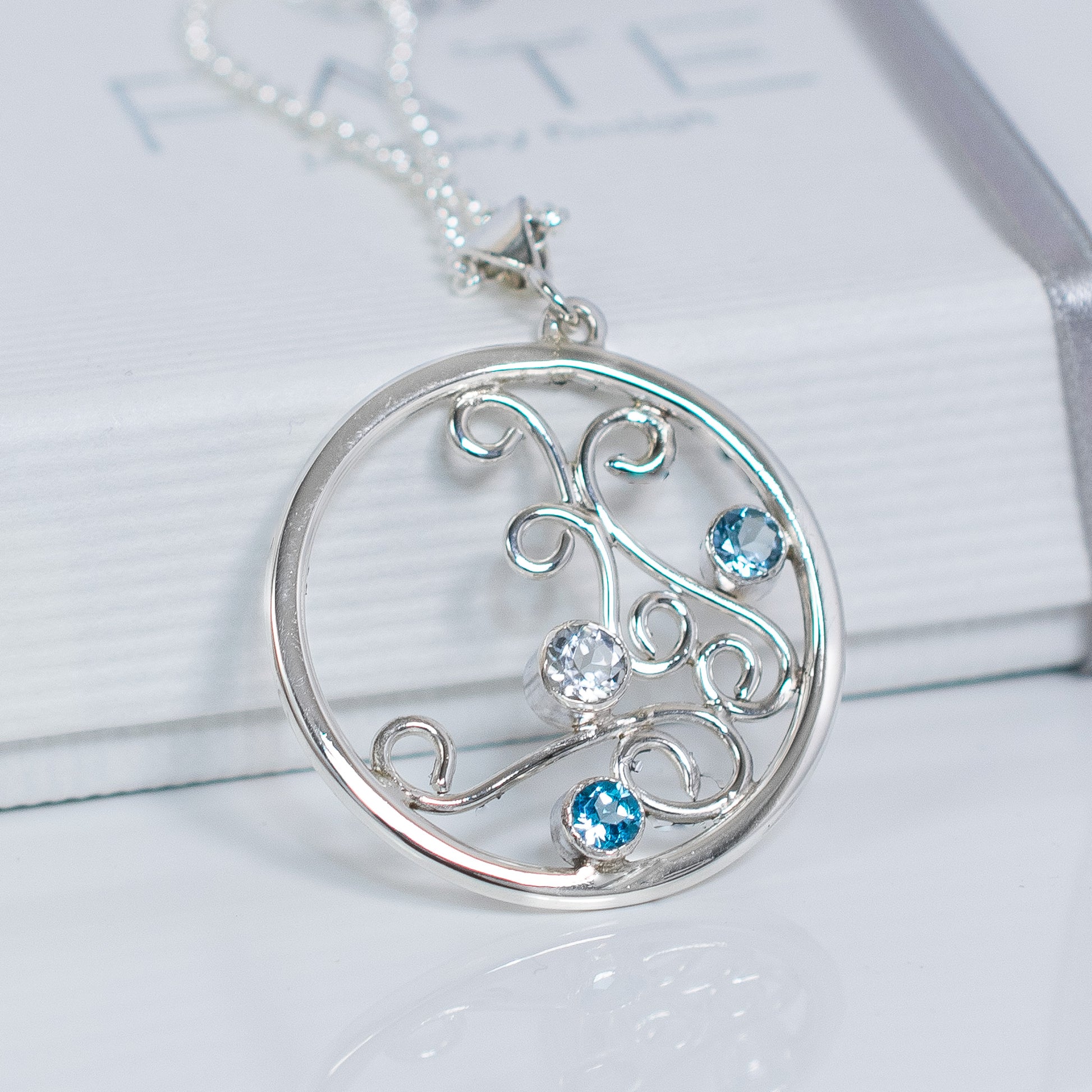 'Winters Deep' Argentium Silver Swirl Pendant  Aquamarine, Apatite & Topaz Gemstones