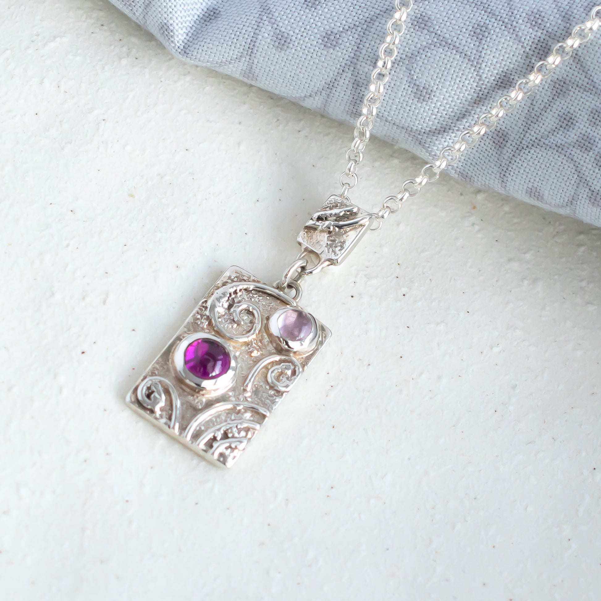 Pink Tourmaline & Argentium Silver Swirl Tile Necklace – One of a Kind