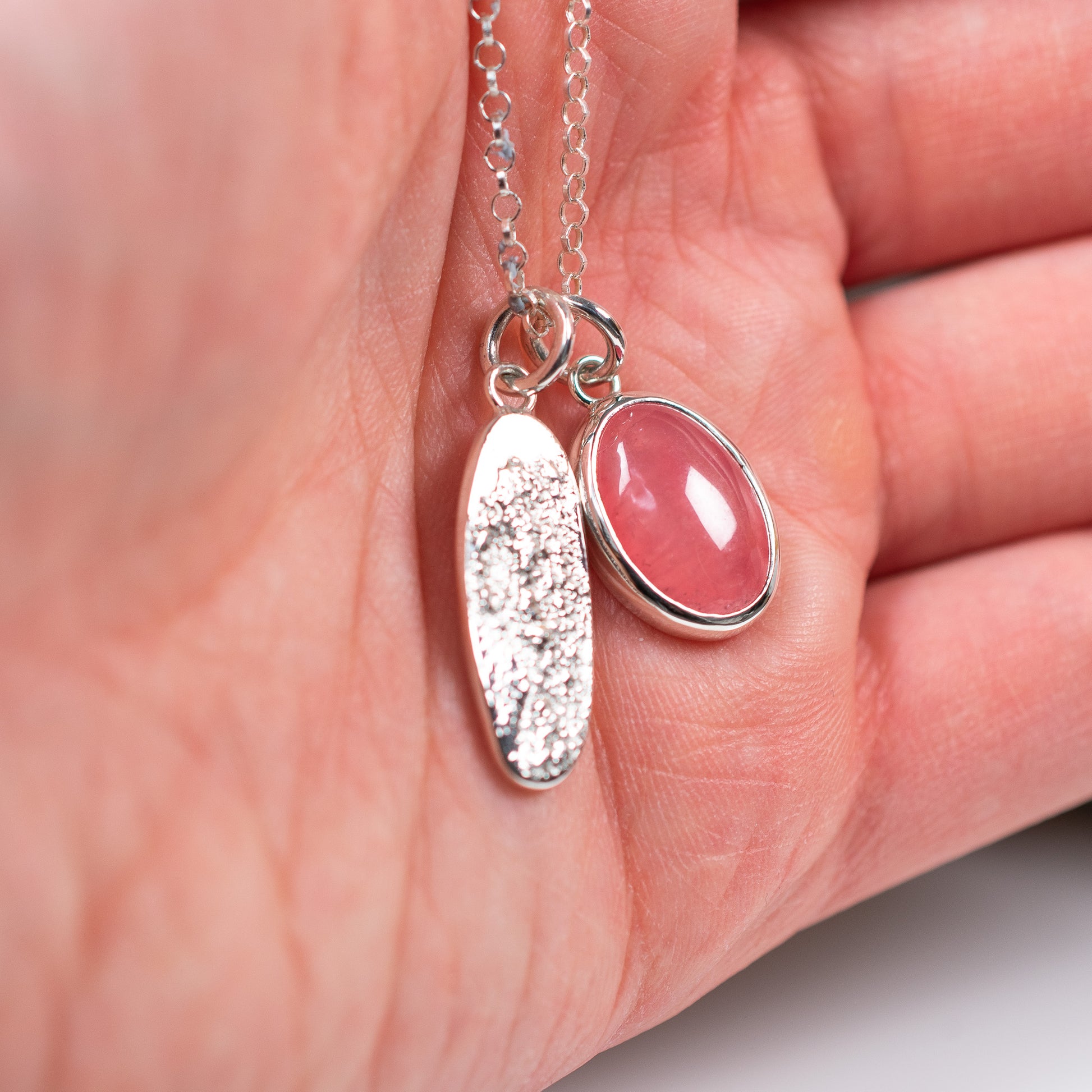 Argentium Silver Charm Necklace with Pink Rhodochrosite