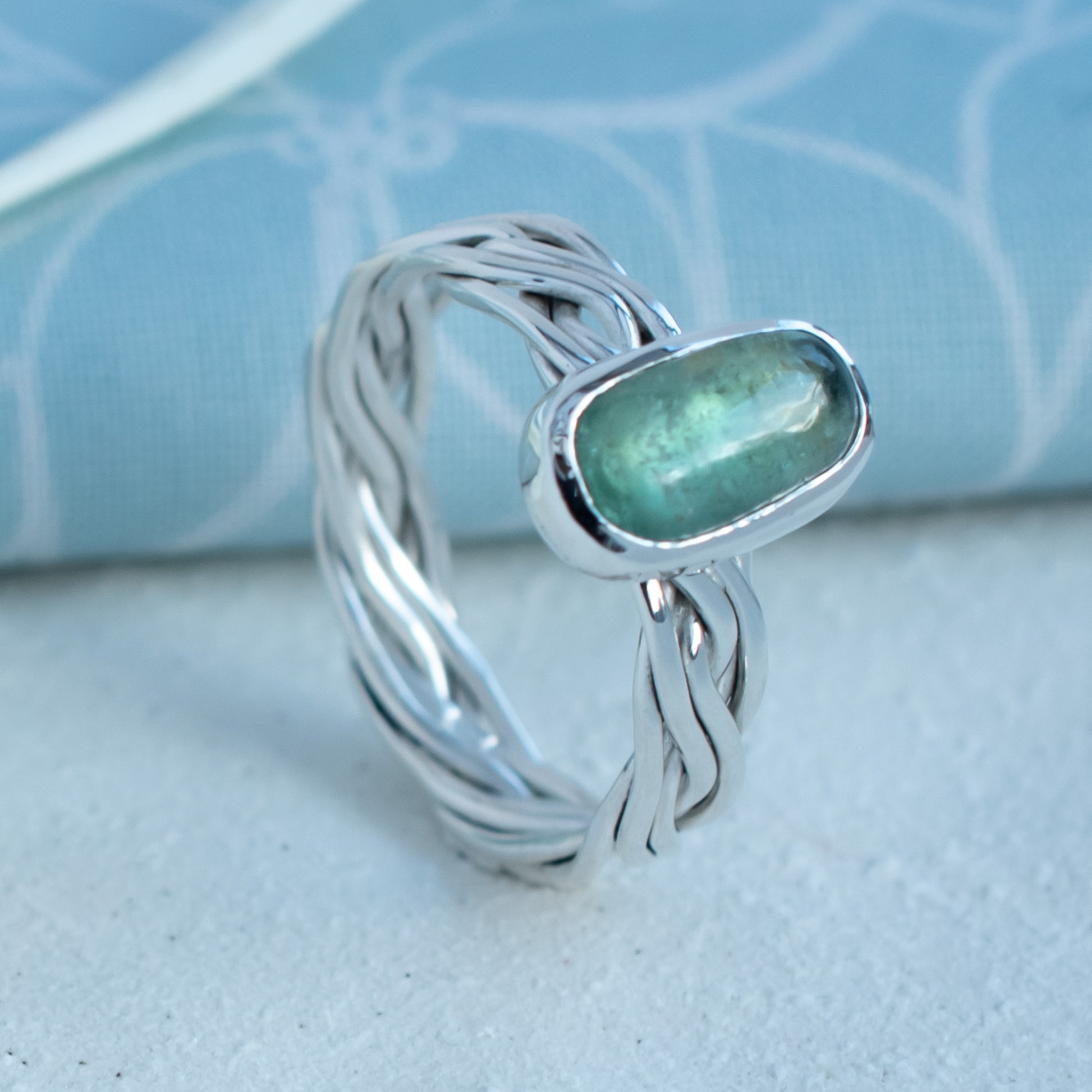 Mint Green Tourmaline Woven Argentium Silver Ring, One of a Kind, Size Q