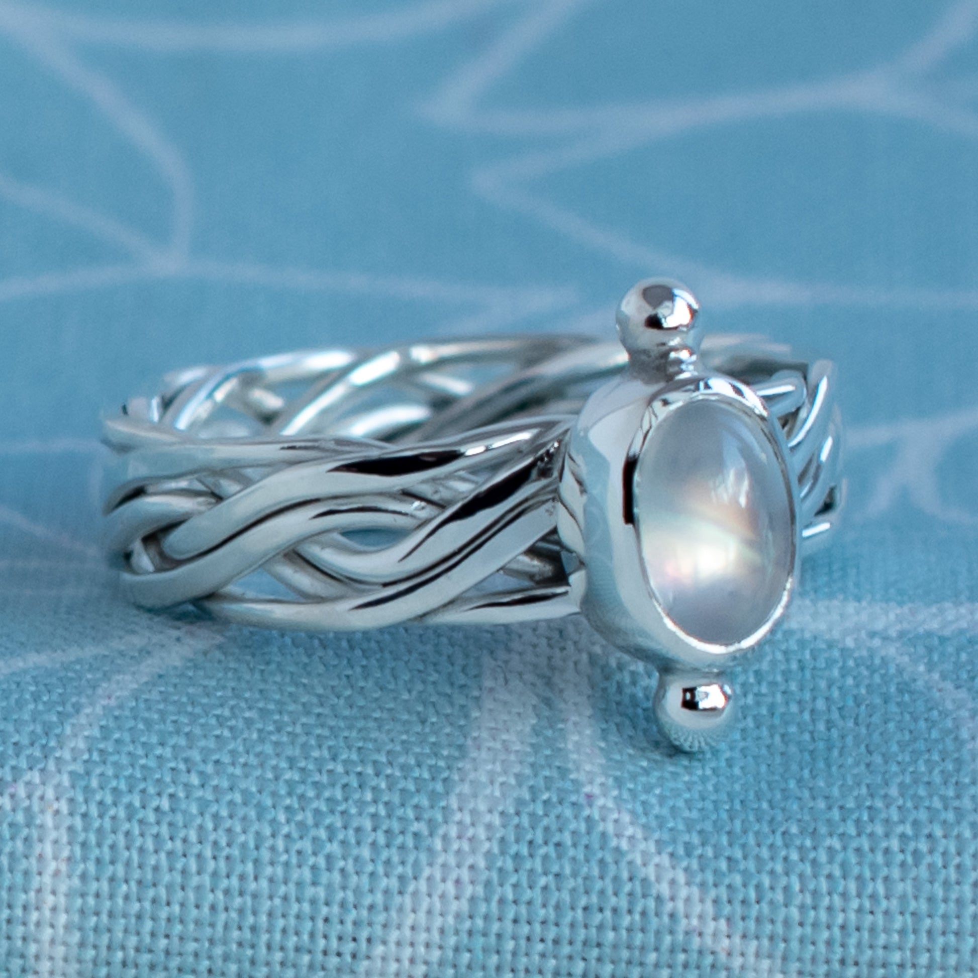 Celtic Fine Moonstone with woven ring band in SIZE L