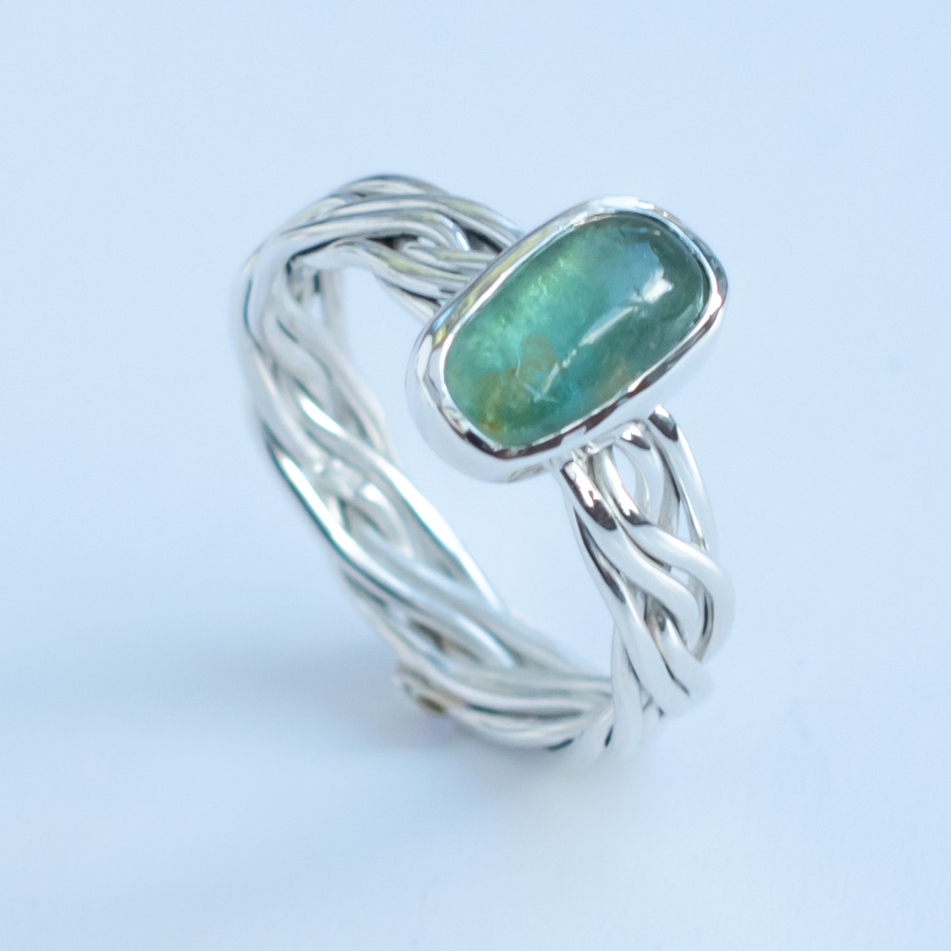 Mint Green Tourmaline Woven Argentium Silver Ring, One of a Kind, Size Q