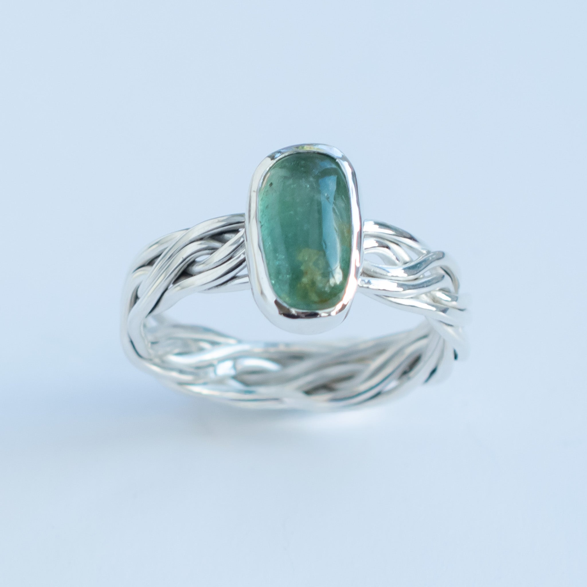 Mint Green Tourmaline Woven Argentium Silver Ring, One of a Kind, Size Q