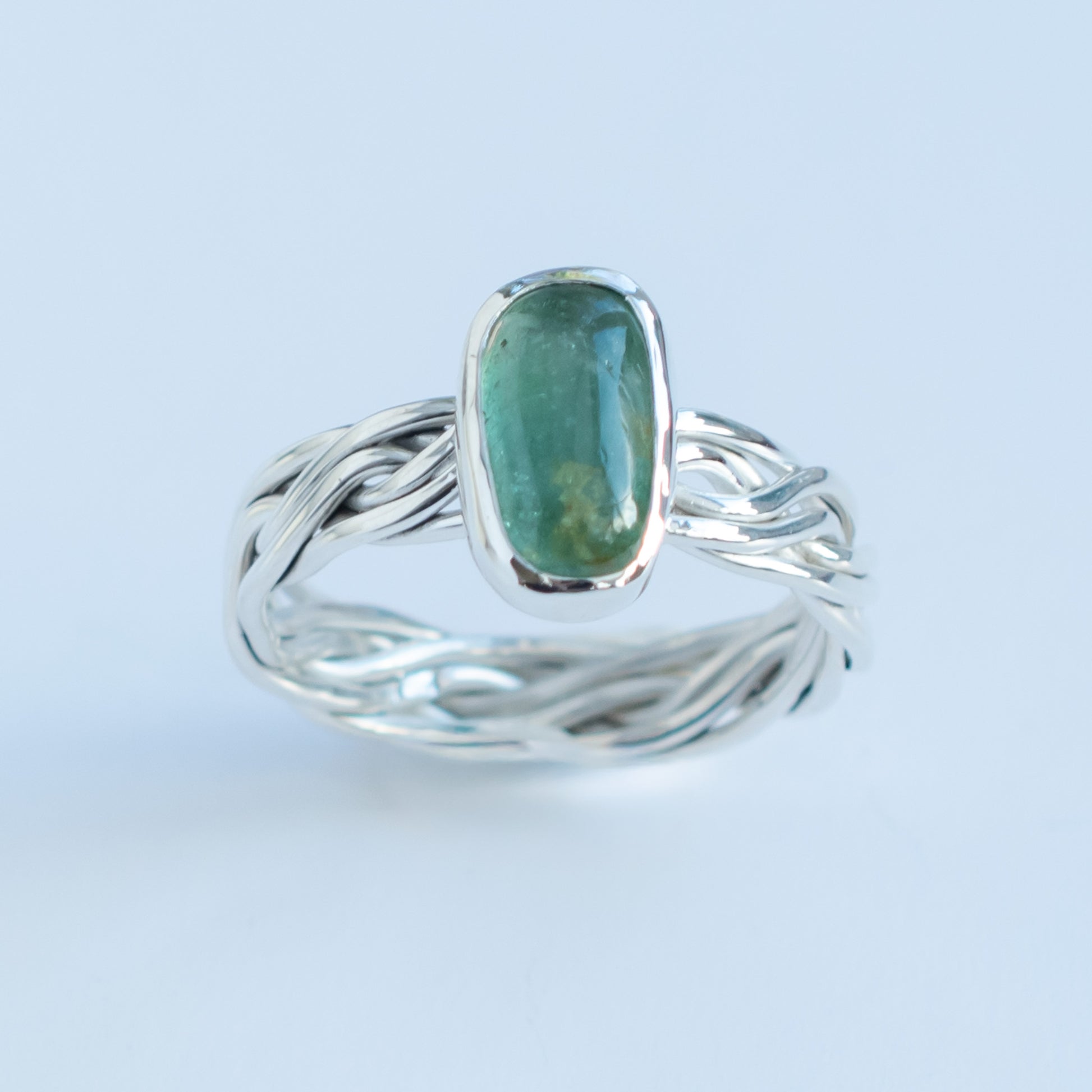 Mint Green Tourmaline Woven Argentium Silver Ring, One of a Kind, Size Q