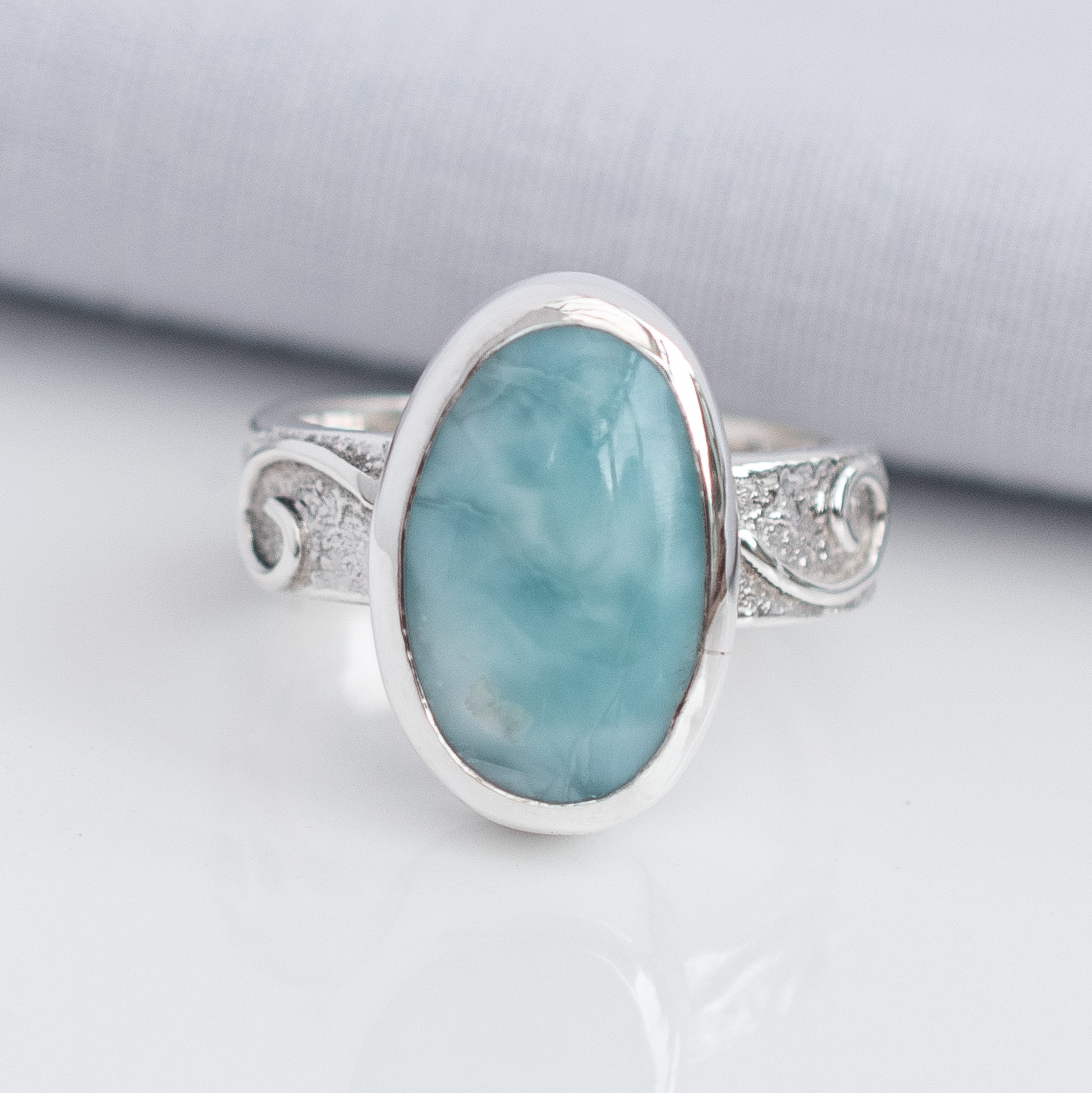 Larimar Ring in Argentium Silver Swirl Band, UK Size O