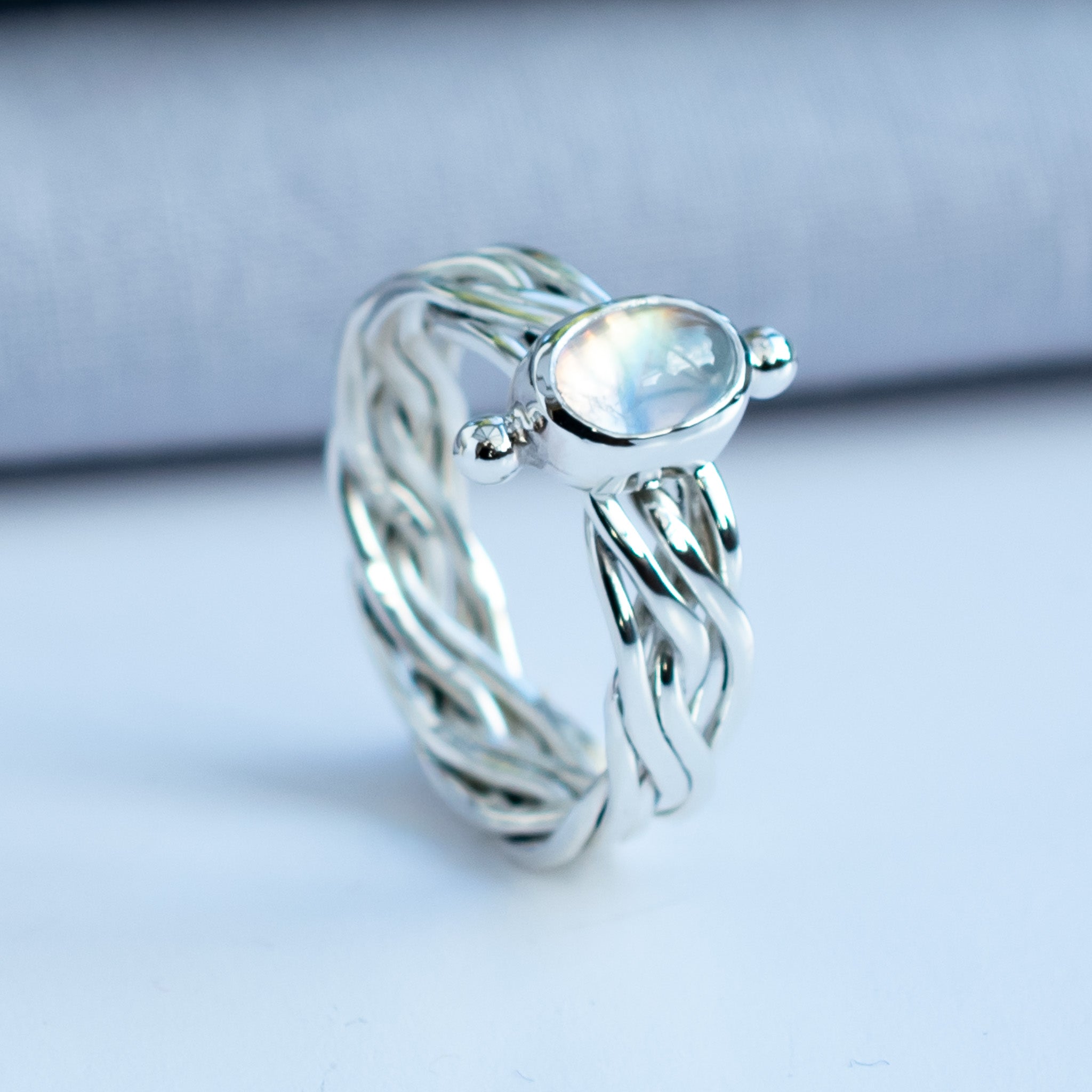 Celtic Fine Moonstone with woven ring band in SIZE L