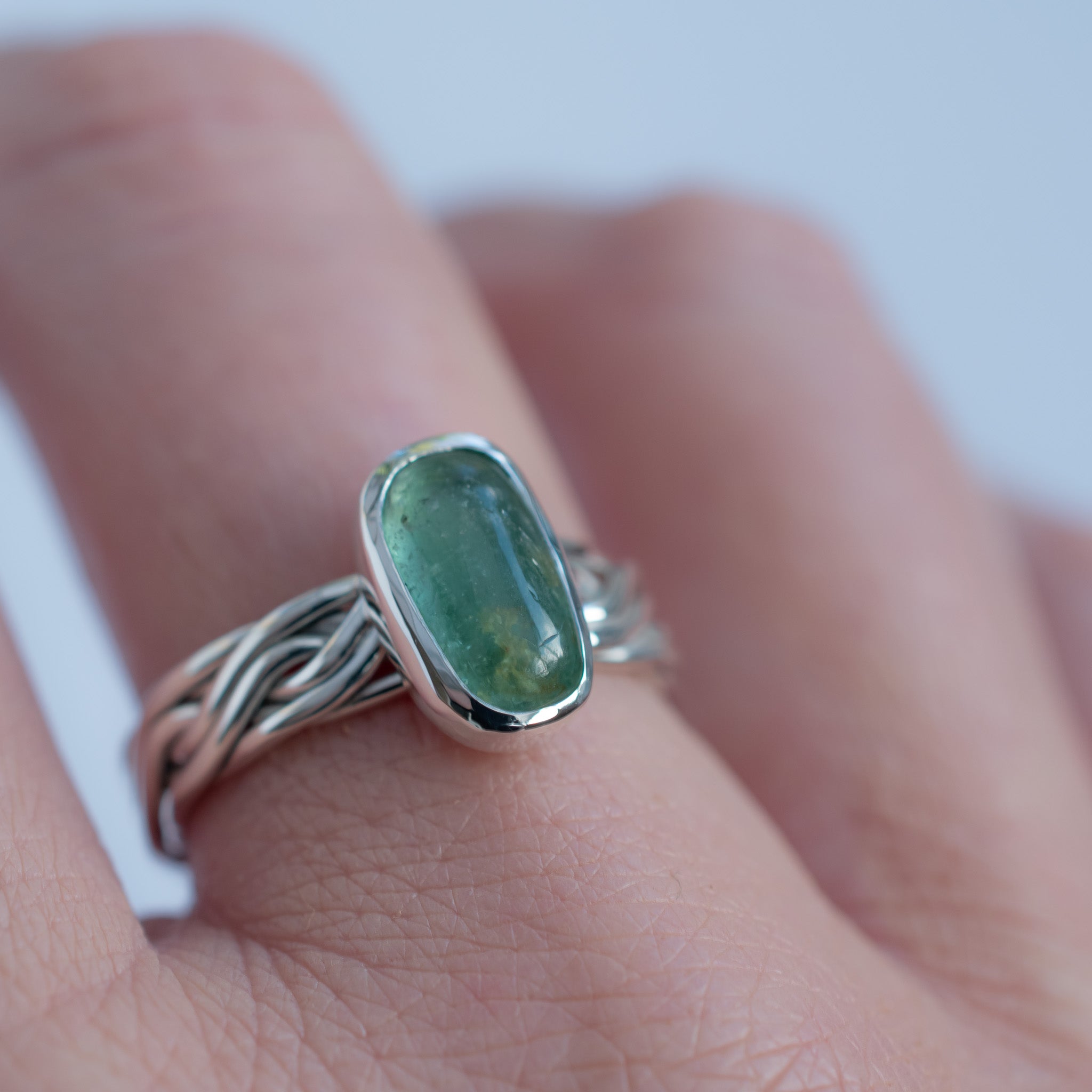 Mint Green Tourmaline Woven Argentium Silver Ring, One of a Kind, Size Q