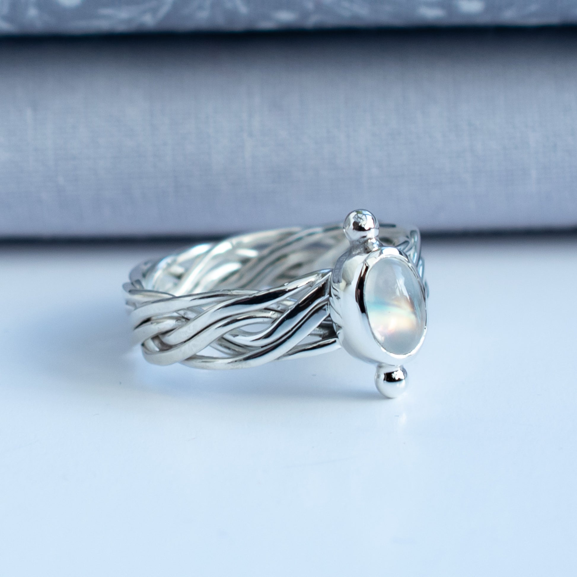 Celtic Fine Moonstone with woven ring band in SIZE L