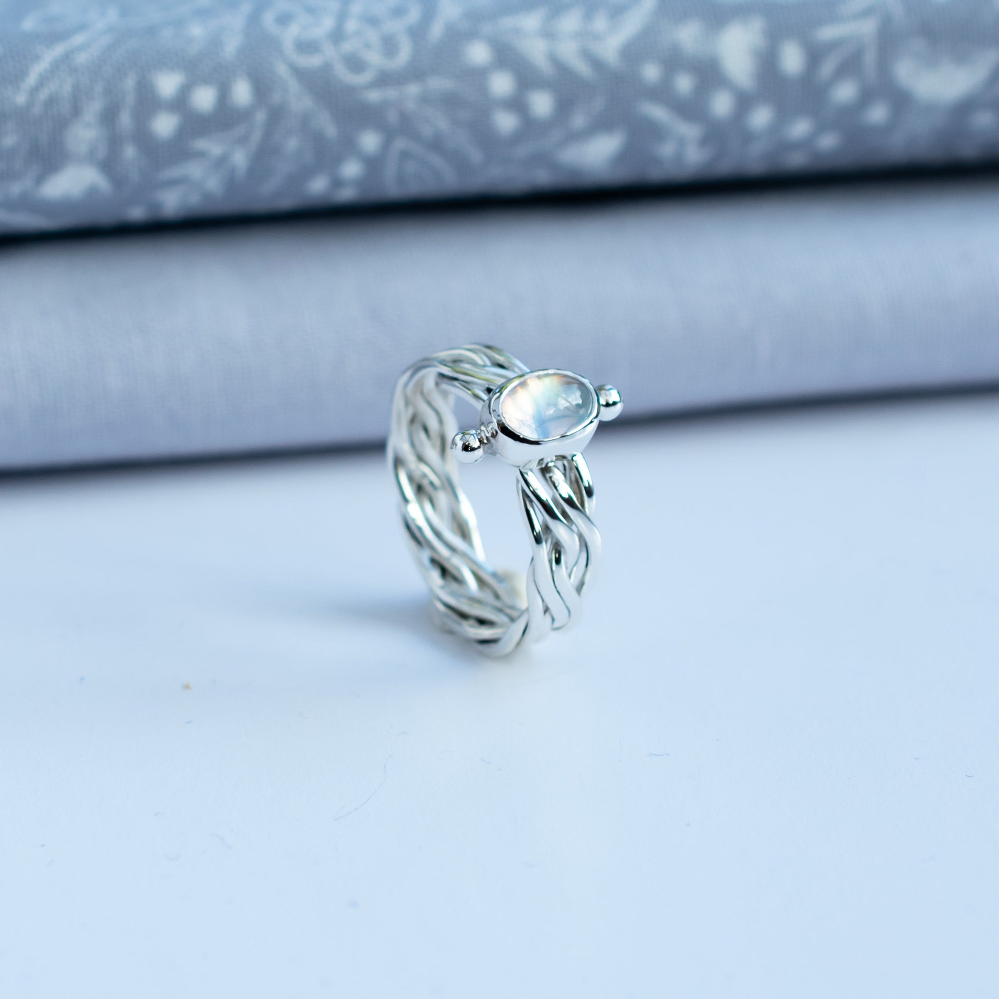 Celtic Fine Moonstone with woven ring band in SIZE L