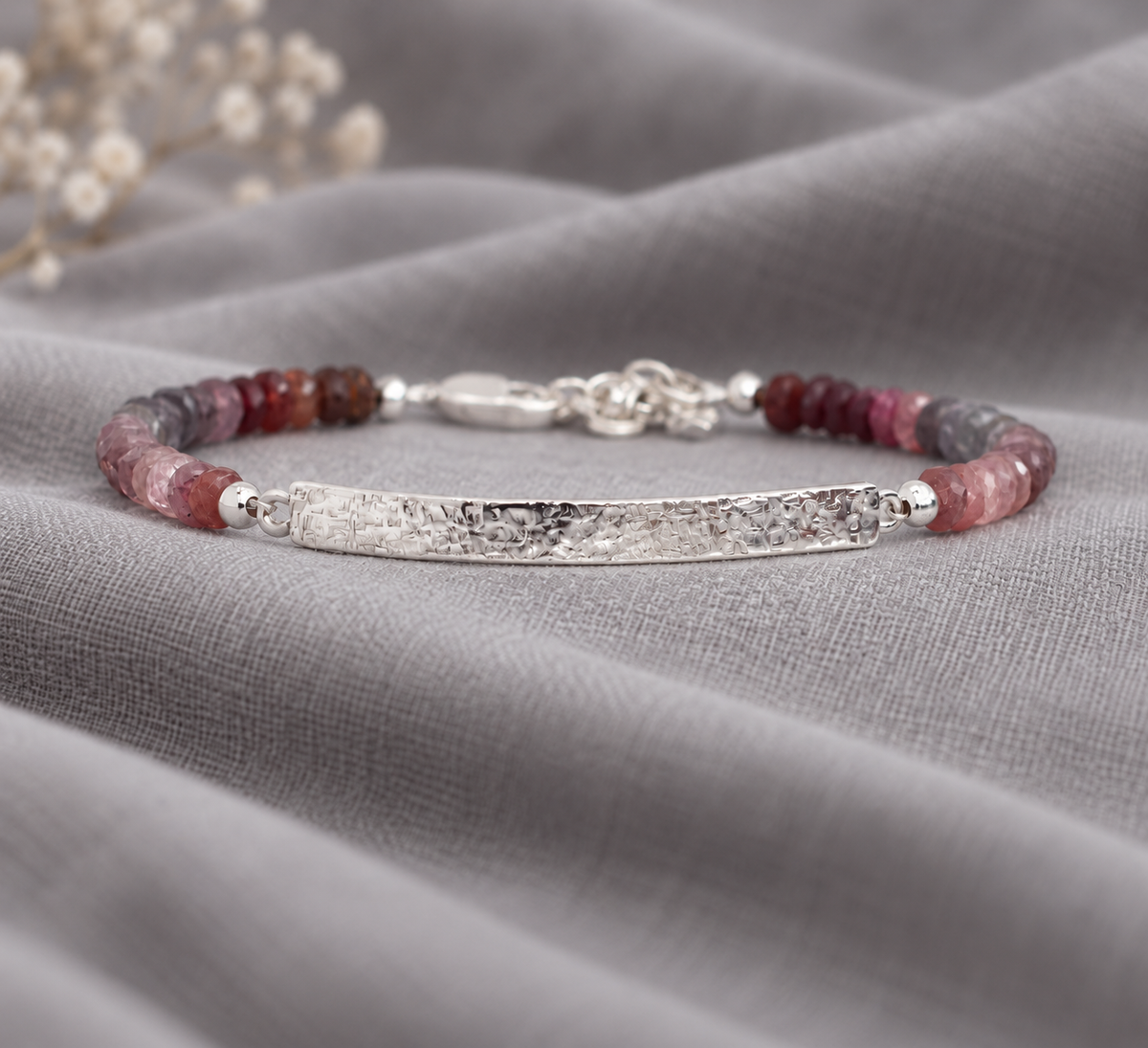 Handmade Rainbow Spinel Bracelet with natural 4mm faceted gemstones and textured Argentium silver bar